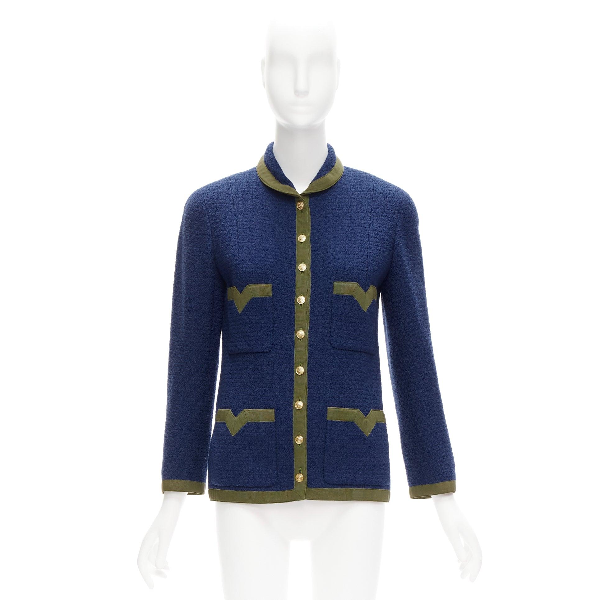 CHANEL Vintage 28931 navy green blue 4 pocket wool tweed jacket FR36 S 6