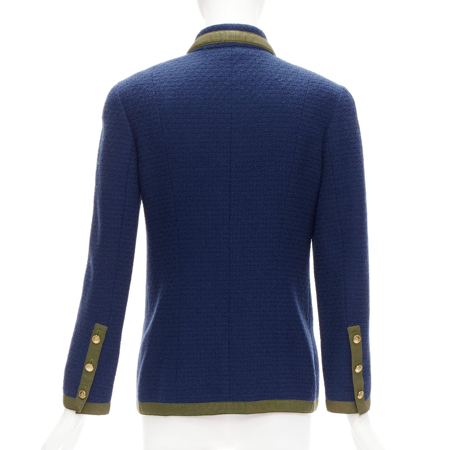 Women's CHANEL Vintage 28931 navy green blue 4 pocket wool tweed jacket FR36 S