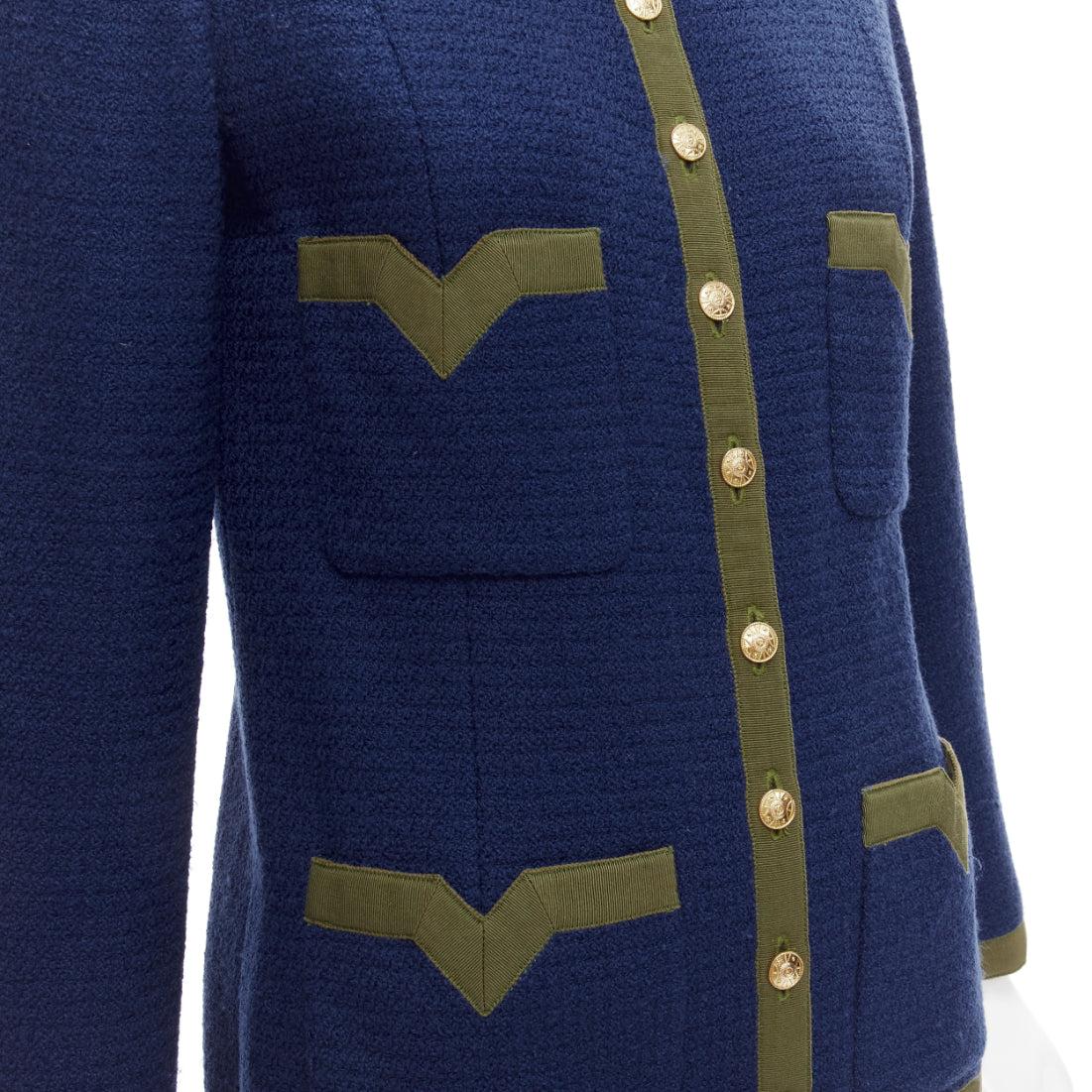 CHANEL Vintage 28931 marineblaue Tweed-Jacke aus Wolle mit 4 Taschen FR36 S 2