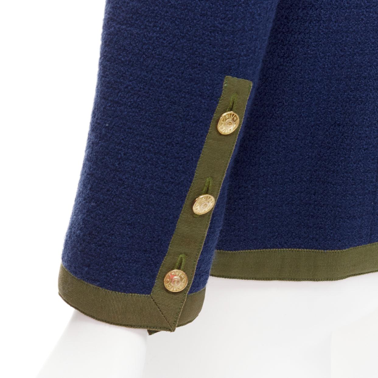 CHANEL Vintage 28931 navy green blue 4 pocket wool tweed jacket FR36 S 3