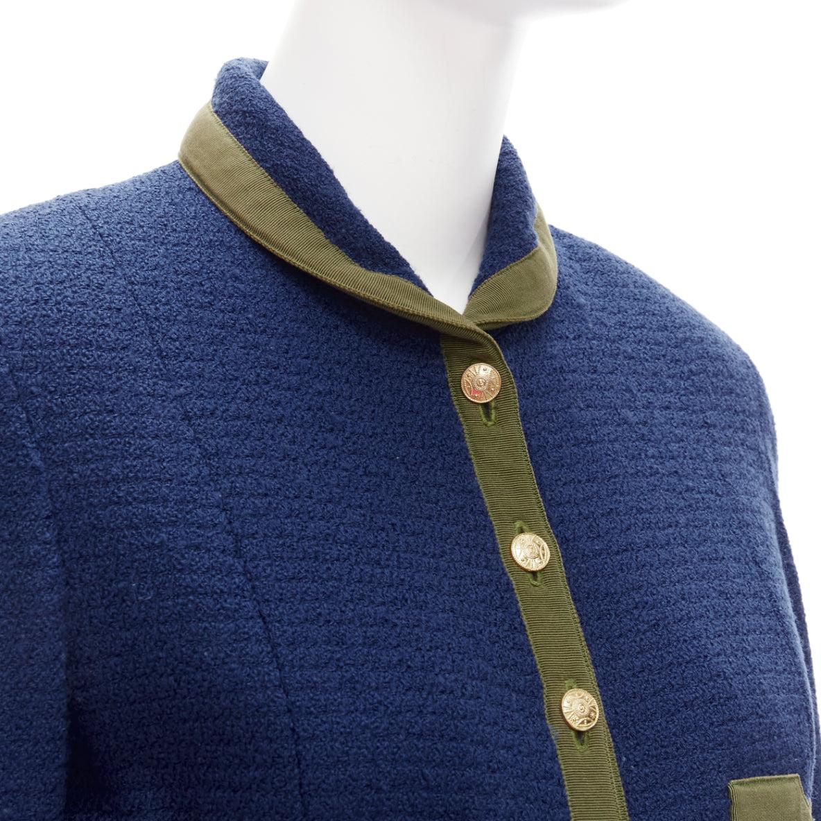 CHANEL Vintage 28931 navy green blue 4 pocket wool tweed jacket FR36 S 4
