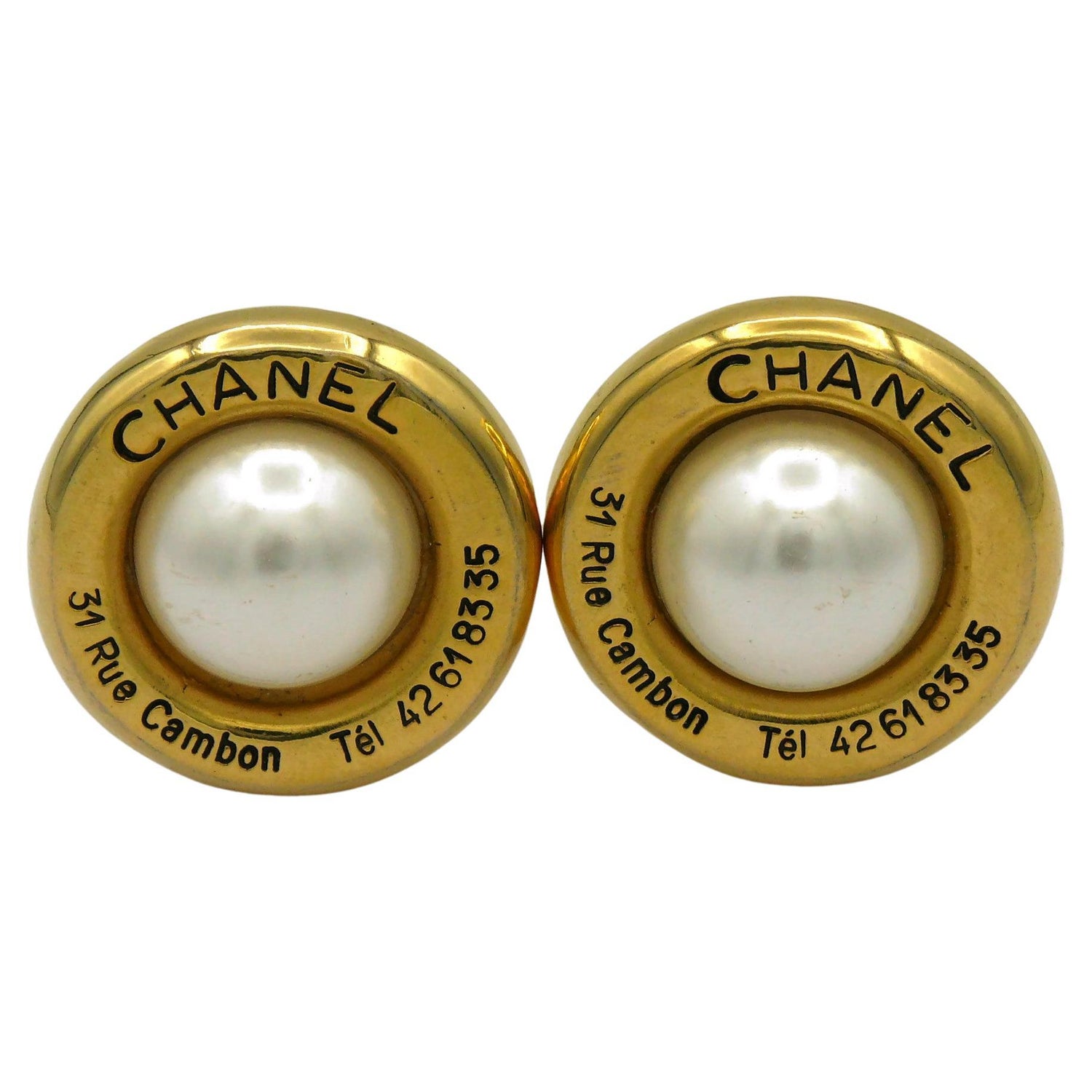 Chanel Paris Spring 1994 Gold Plated CC Pearl Earrings