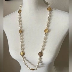 Chanel Vintage 31 Rue Cambon Gold Coin Faux Pearl Long Necklace