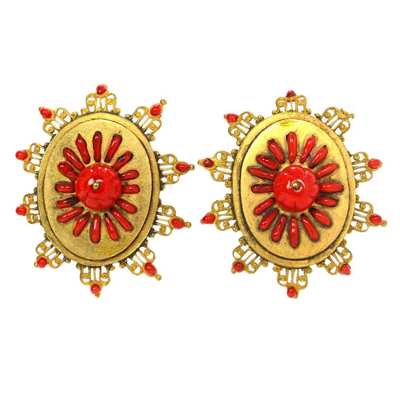 Chanel Vintage '70s-'80s Red & Gold Clip On Earrings