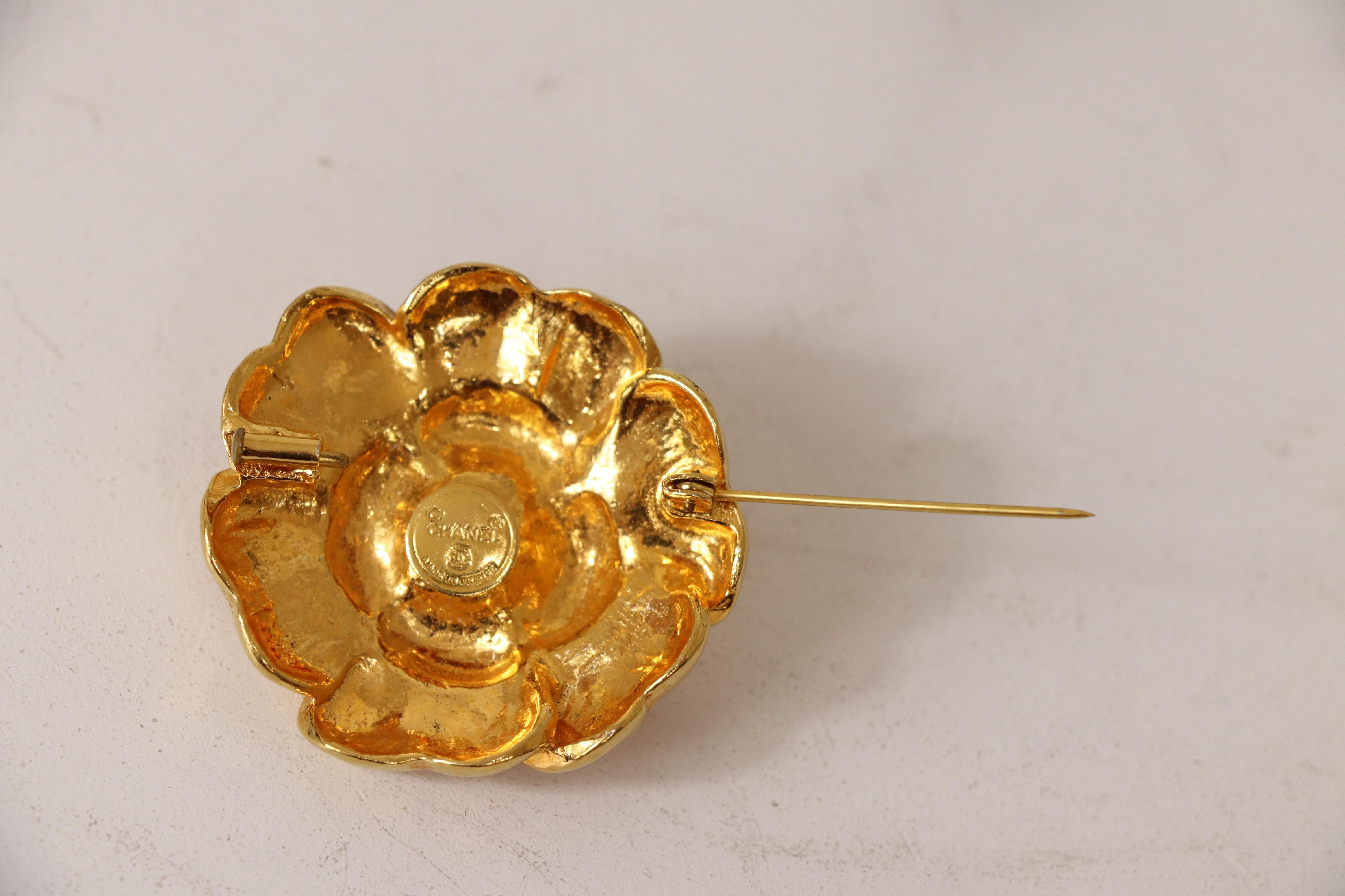 Contemporary Chanel Vintage 70's Era 24k Gold Plated Camellia Brooch 