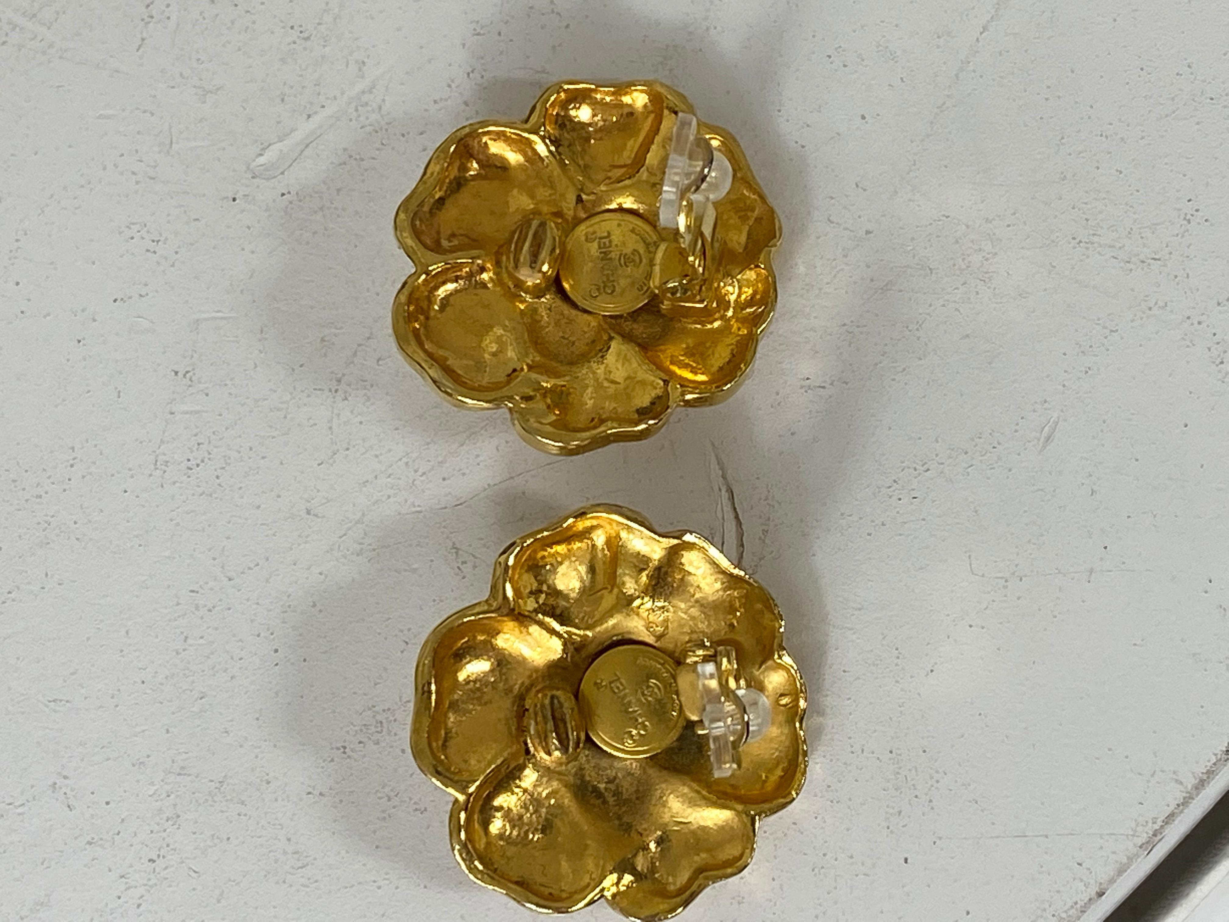 Contemporary Chanel Vintage 70's Era 24k Gold Plated Camellia Clip-On Earrings