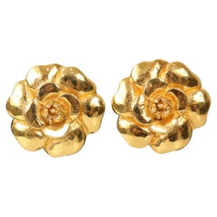 Chanel Vintage 70's Era 24k Gold Plated Camellia Clip-On Earrings