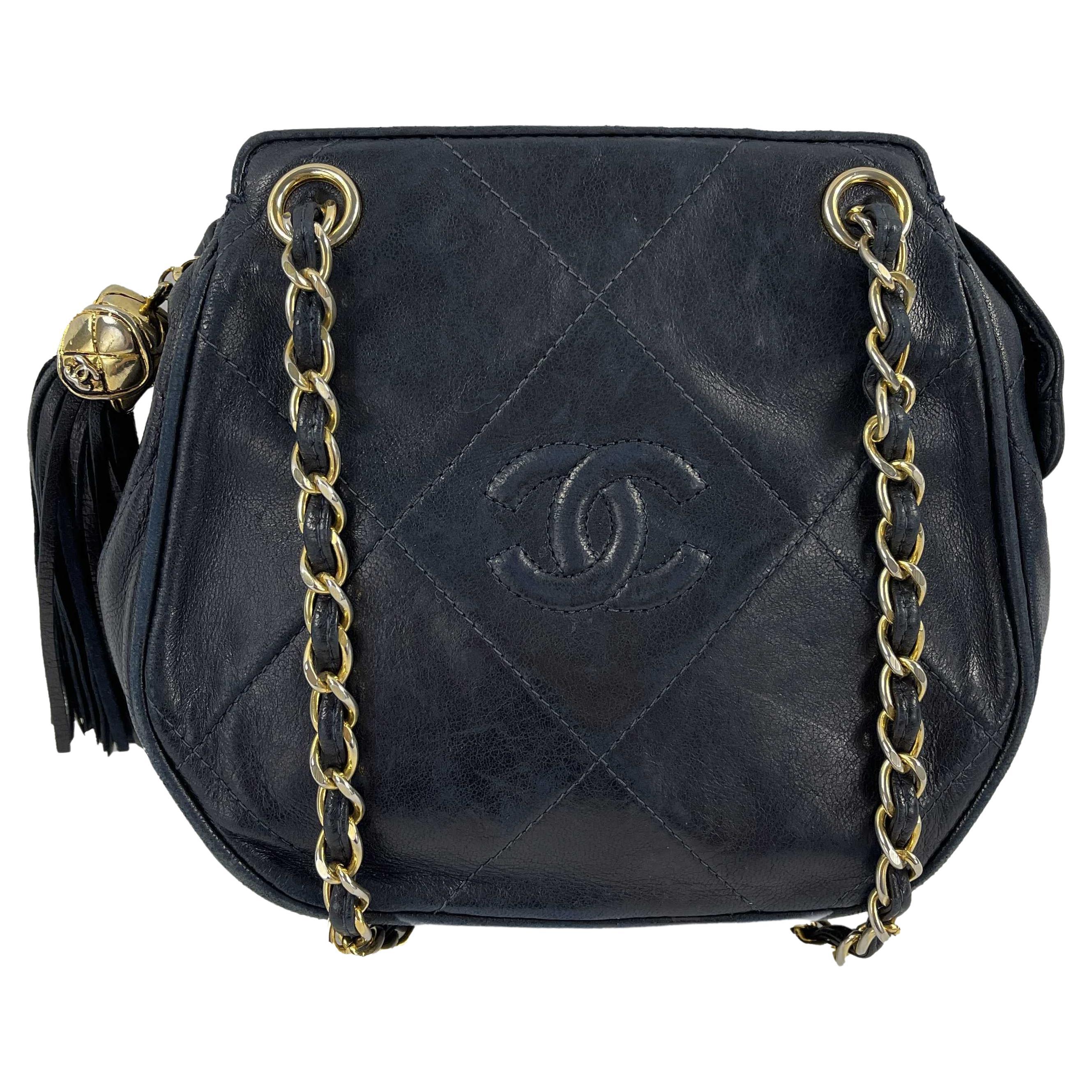 CHANEL-Vintage 80s 90s Navy CC Tassel Mini Diamond Quilted Leather Crossbody