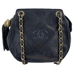 CHANEL-Vintage 80s 90s Navy CC Tassel Mini Diamond Quilted Leather Crossbody