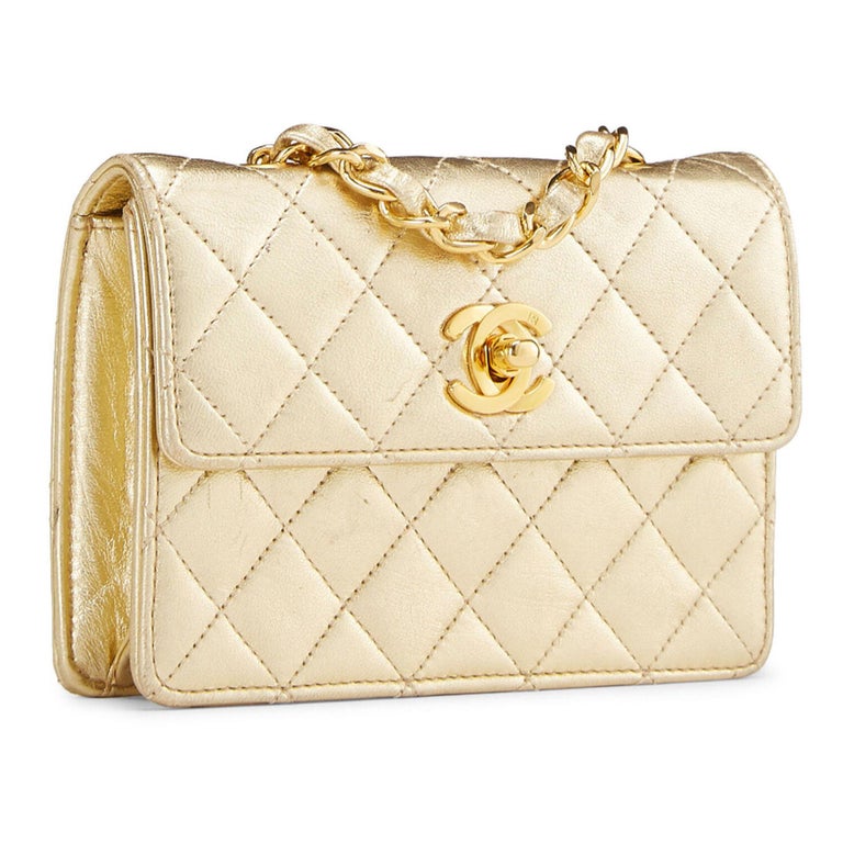 Chanel Vintage 80's Micro Mini Metallic Gold Quilted Lambskin Flap