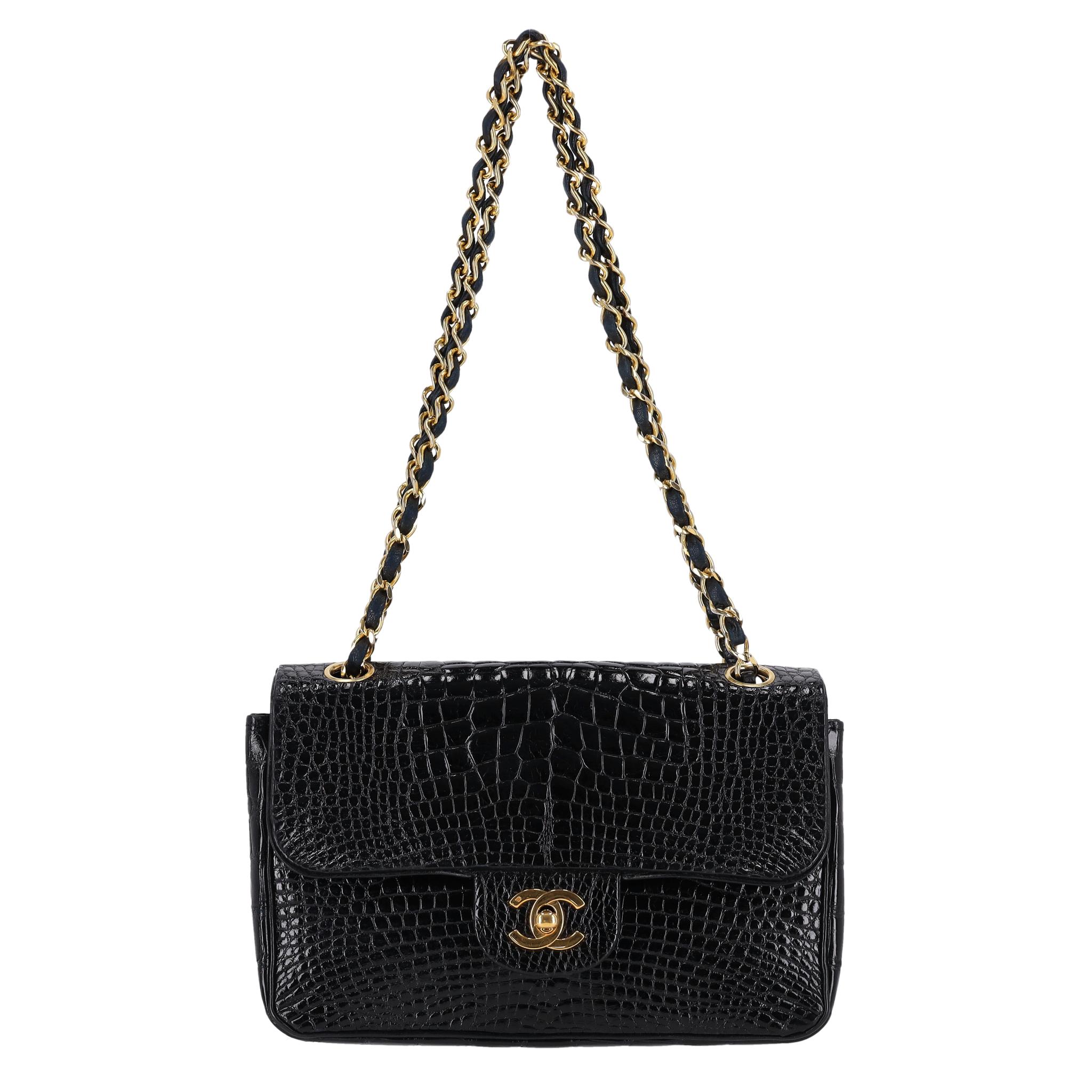 Black Chanel Vintage 80's Shiny Crocodile Skin Small Timeless Double Flap Bag For Sale