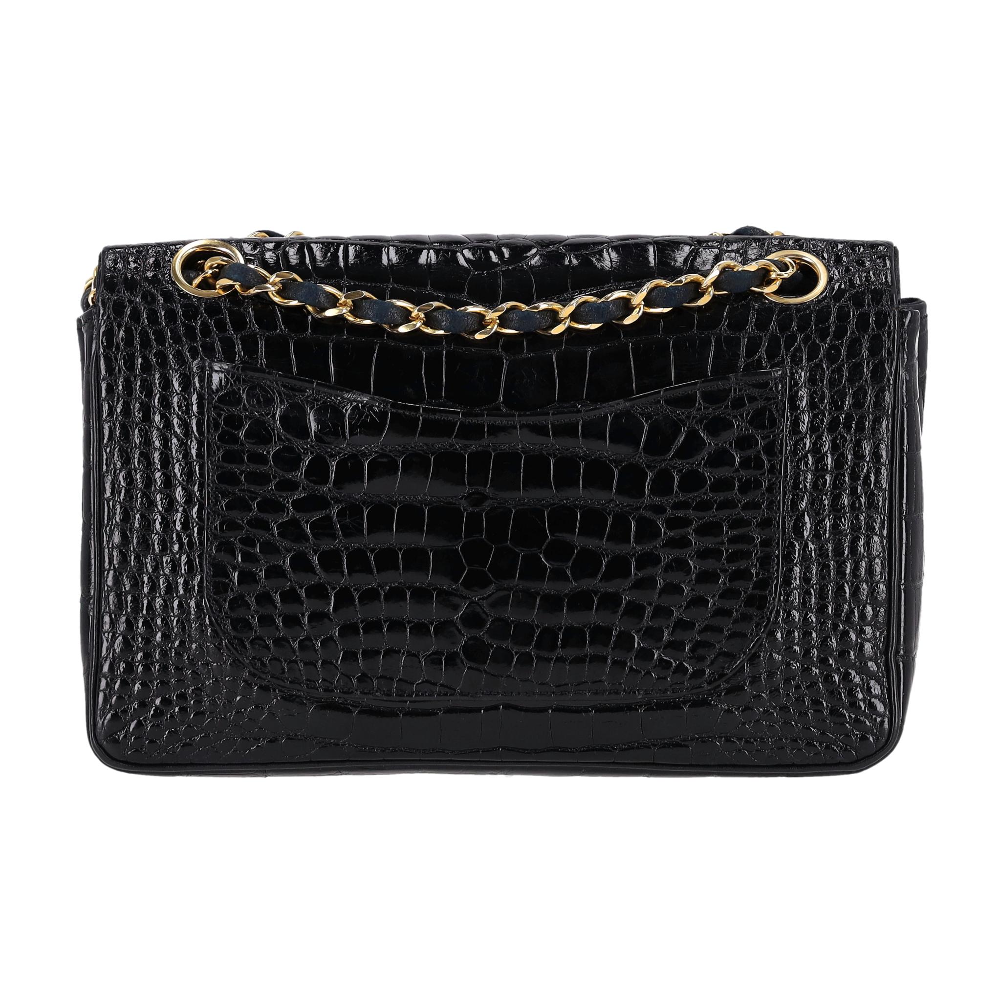 Women's Chanel Vintage 80's Shiny Crocodile Skin Small Timeless Double Flap Bag For Sale