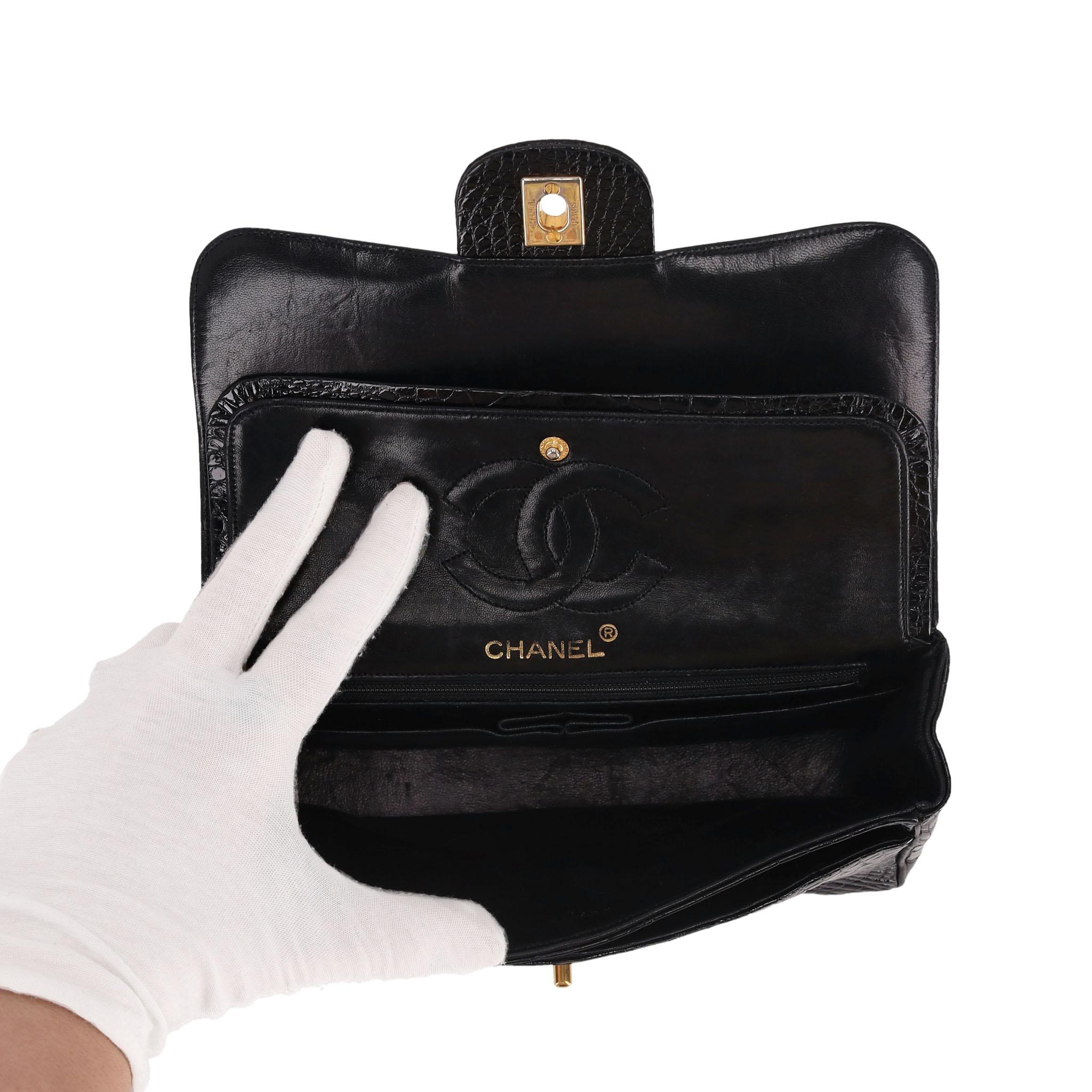Chanel Vintage 80's Shiny Crocodile Skin Small Timeless Double Flap Bag For Sale 2