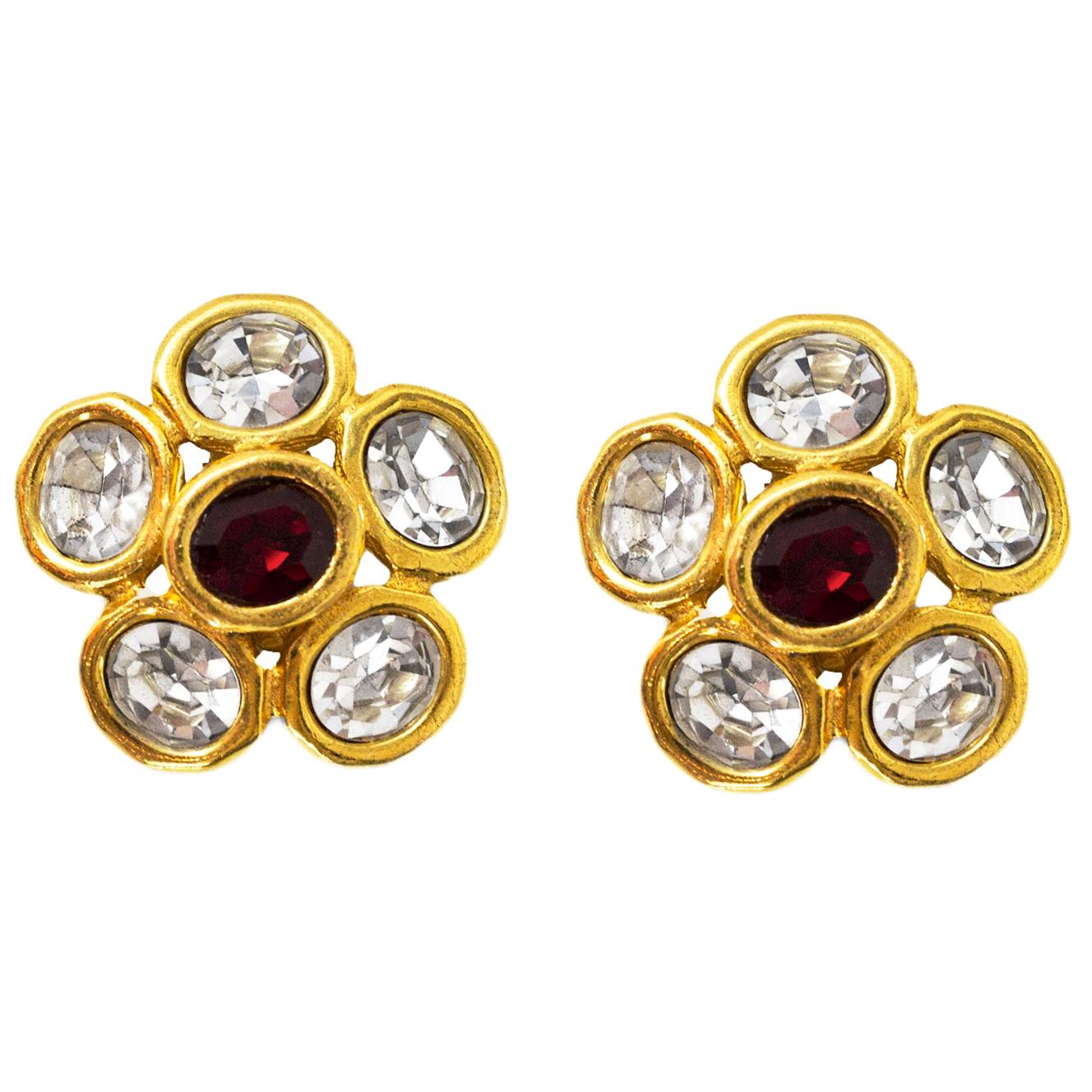 Chanel Vintage '89 Red & White Crystal Clip On Earrings