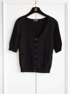 Chanel Vintage 90s Black Gold Knit CC Button Scoop Neck Top Cardigan