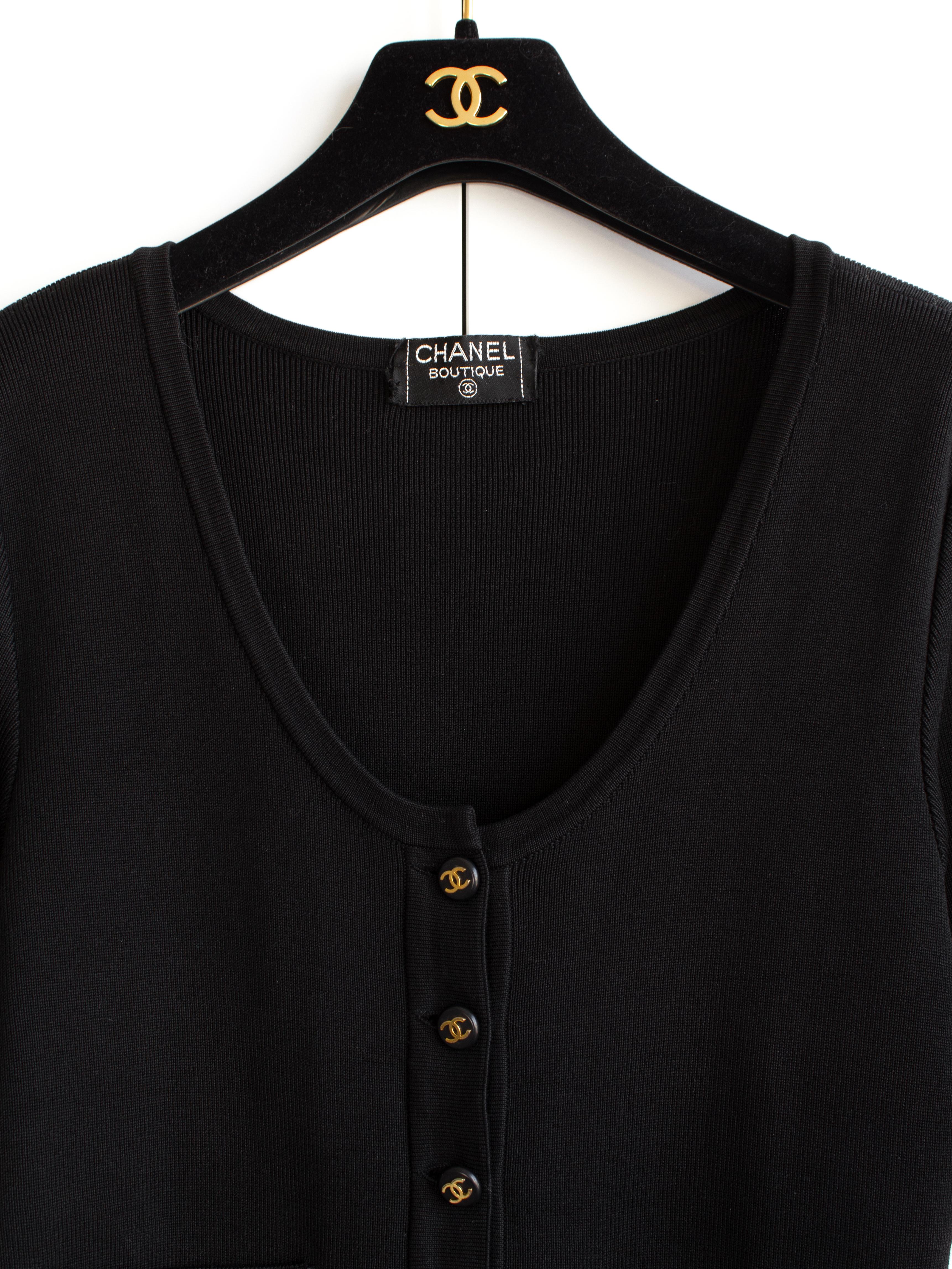 Women's Chanel Vintage 90s Black Gold Knit CC Button Scoop Neck Top Cardigan