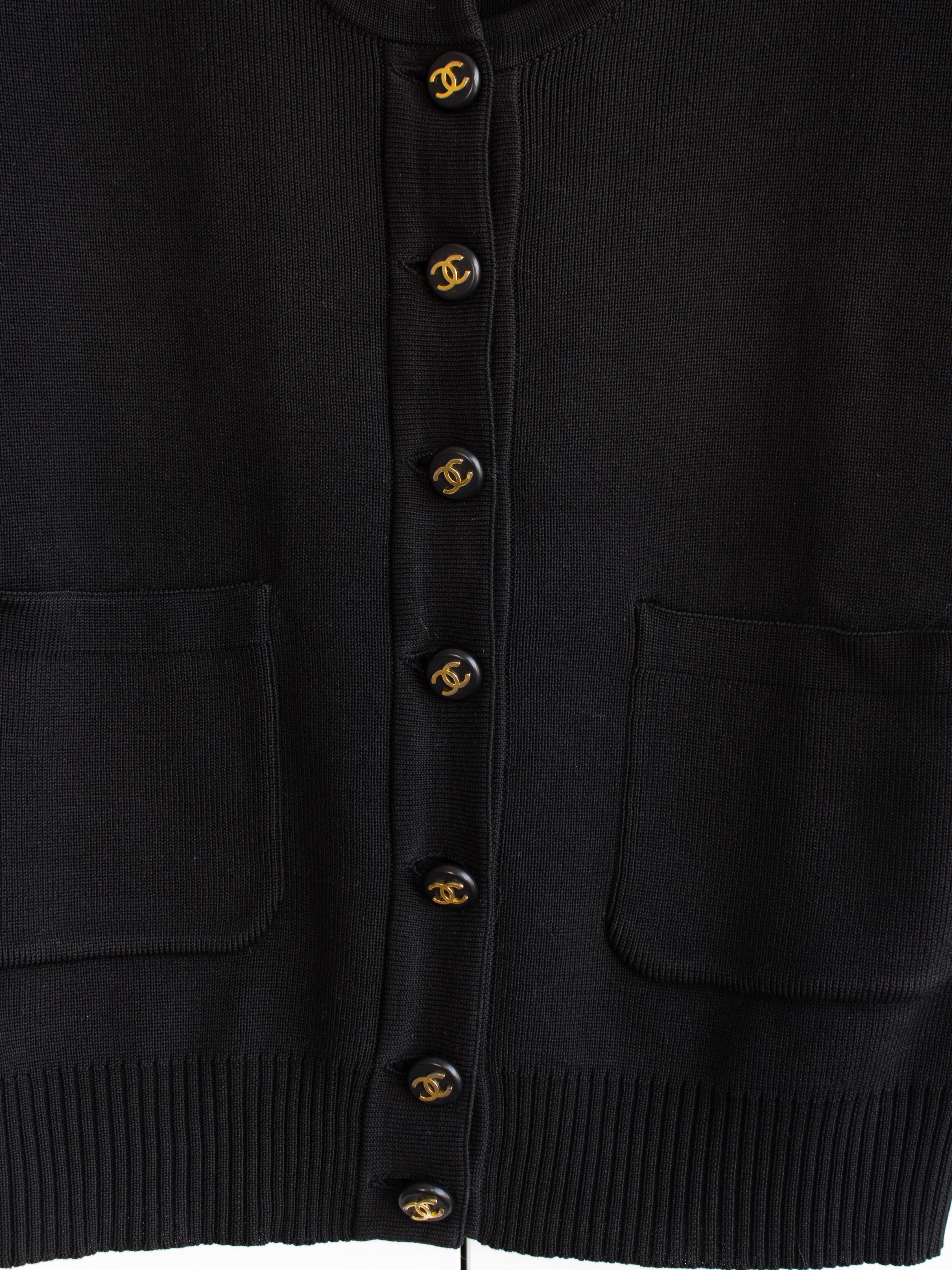 Chanel Vintage 90s Black Gold Knit CC Button Scoop Neck Top Cardigan 2