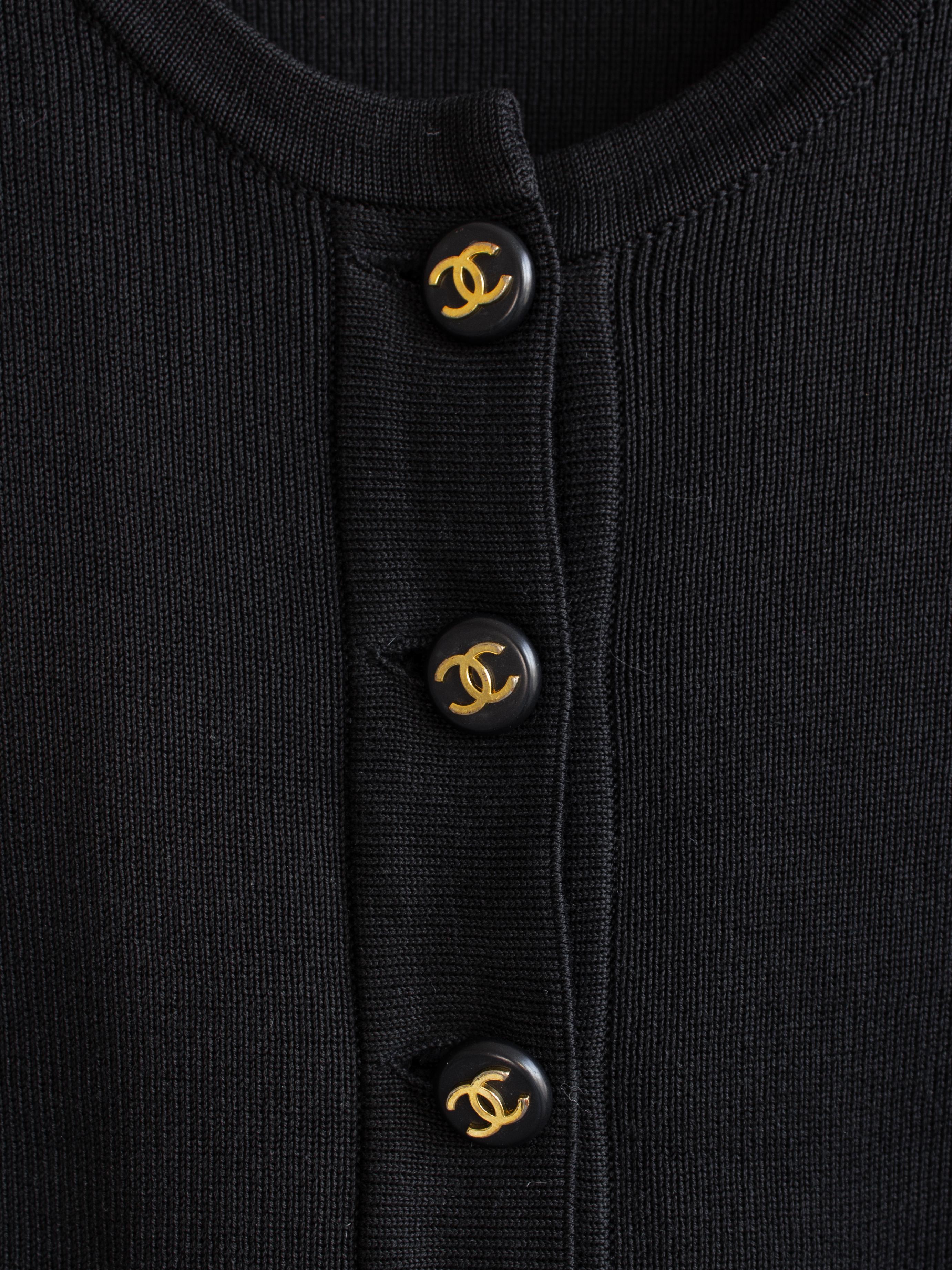 Chanel Vintage 90s Black Gold Knit CC Button Scoop Neck Top Cardigan 4