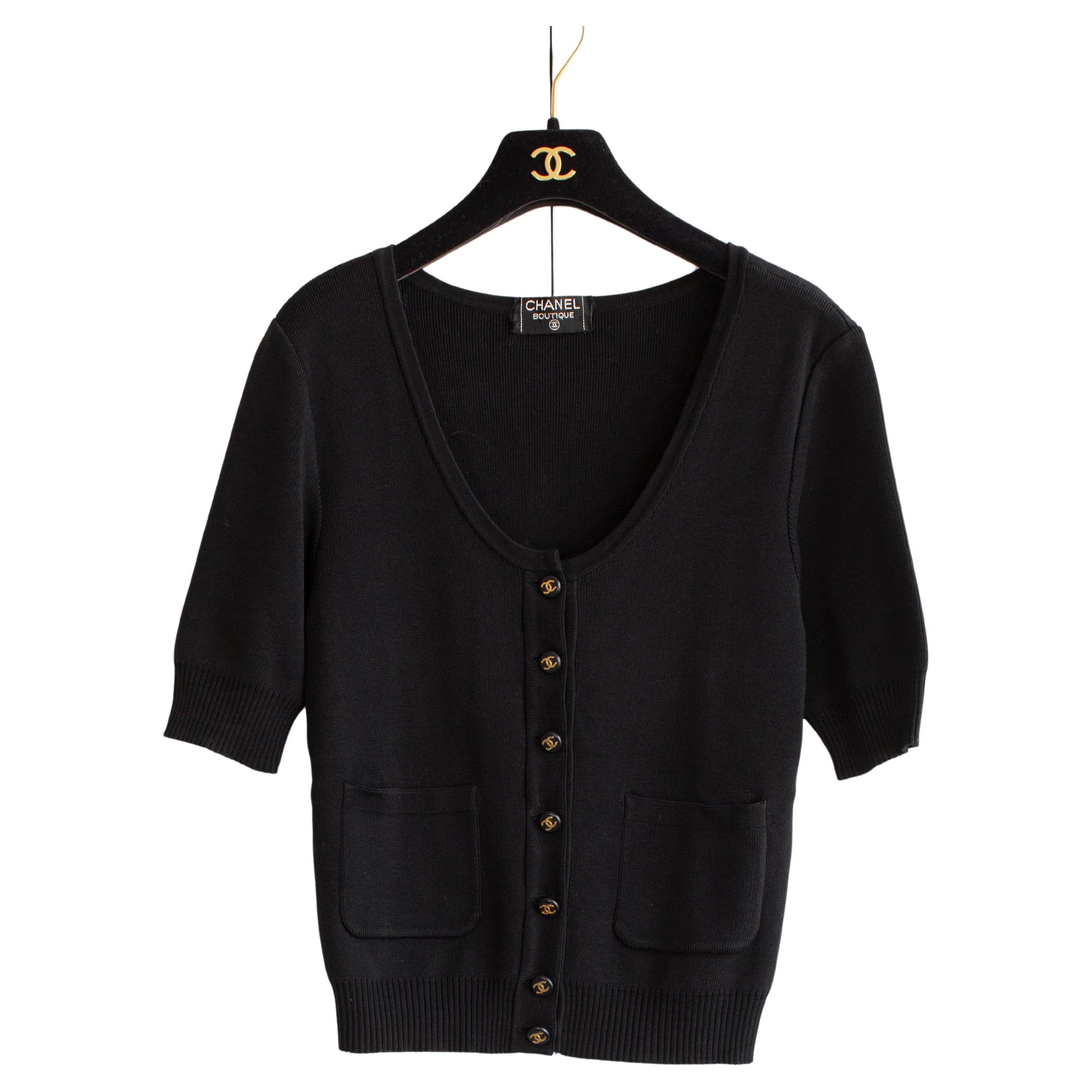 Chanel Vintage 90s Black Gold Knit CC Button Scoop Neck Top Cardigan