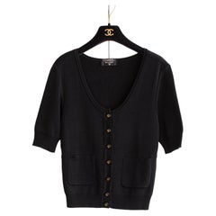Chanel Vintage 90s Black Gold Knit CC Button Scoop Neck Top Cardigan