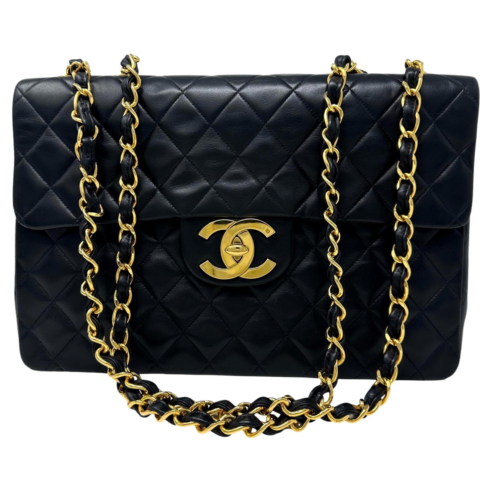 CHANEL Vintage 90s Black Lambskin Leather Maxi Flap Logo CC GHW For Sale