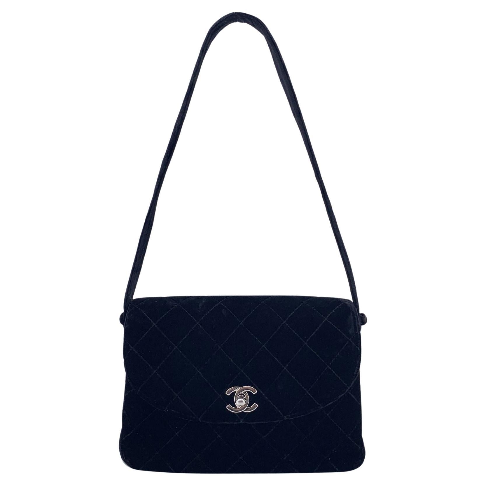 Chanel Vintage 90s Black Quilted Velvet Flap Shoulder Bag For Sale