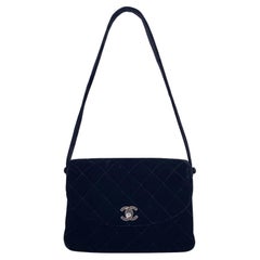 Chanel Vintage 90s Black Quilted Velvet Flap Shoulder Bag