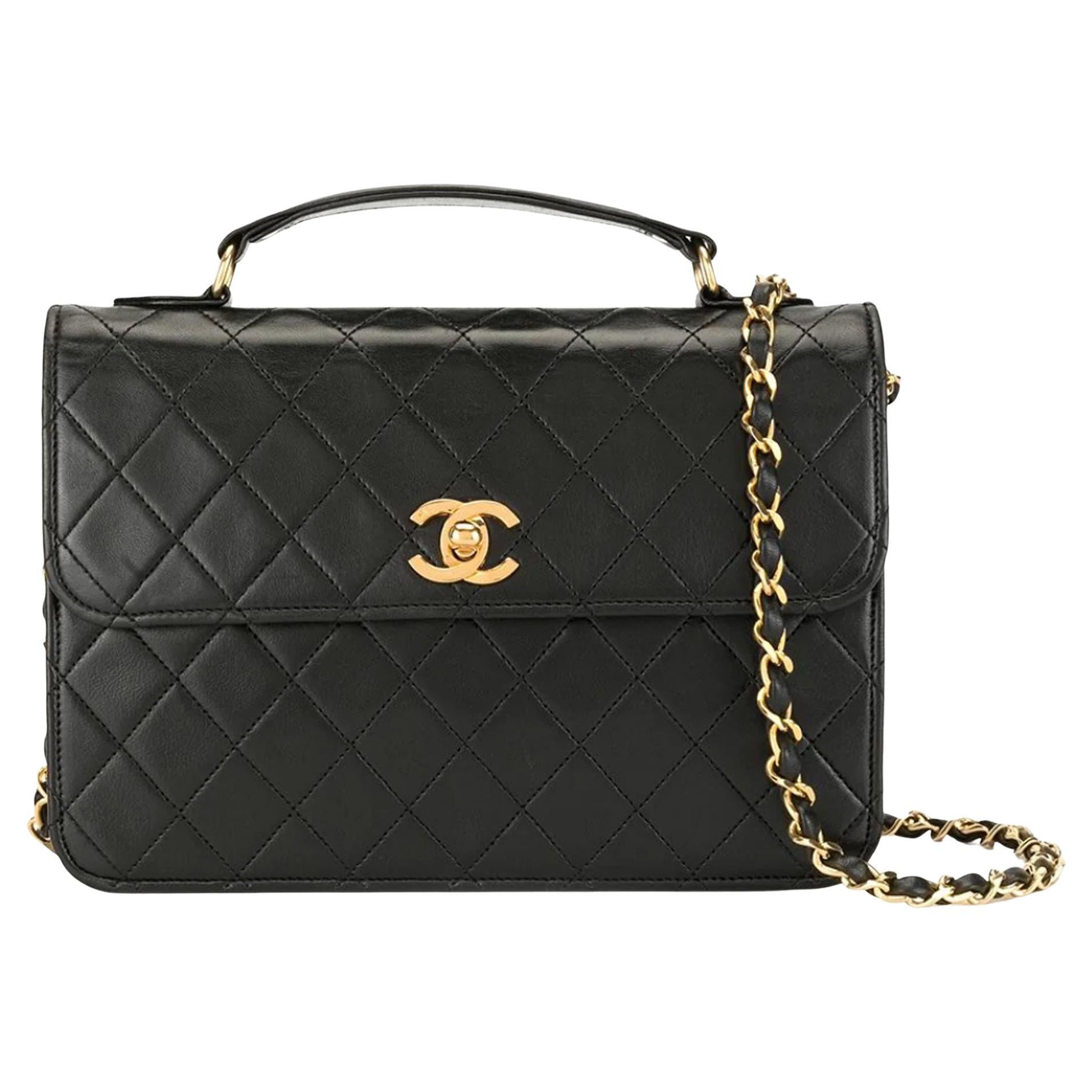 Chanel Vintage 90's Black Top Handle Quilted Shoulder Bag For Sale