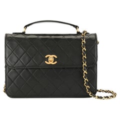 Chanel Vintage Rare 90's Black Top Handle Quilted Lambskin Small Briefcase Bag