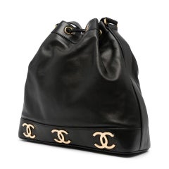 Chanel Vintage 90's Black Triple CC Drawstring Crossbody Shoulder Bag