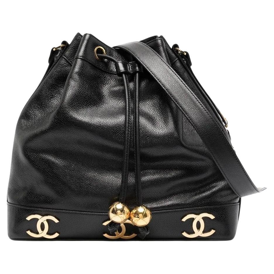 Chanel Vintage 90's Black Triple CC Drawstring Crossbody Shoulder Bag For Sale