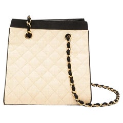 Chanel Vintage 90s Cream Raffia Straw CC Logo Quilted Chain Shoulder bag