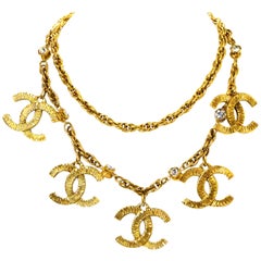 Chanel Vintage '90s Goldtone Chainlink CC Charm Necklace w. Crystals