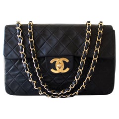 Chanel Vintage 90s Jumbo XL Black 24K Gold Quilted Lambskin Maxi Single Flap Bag