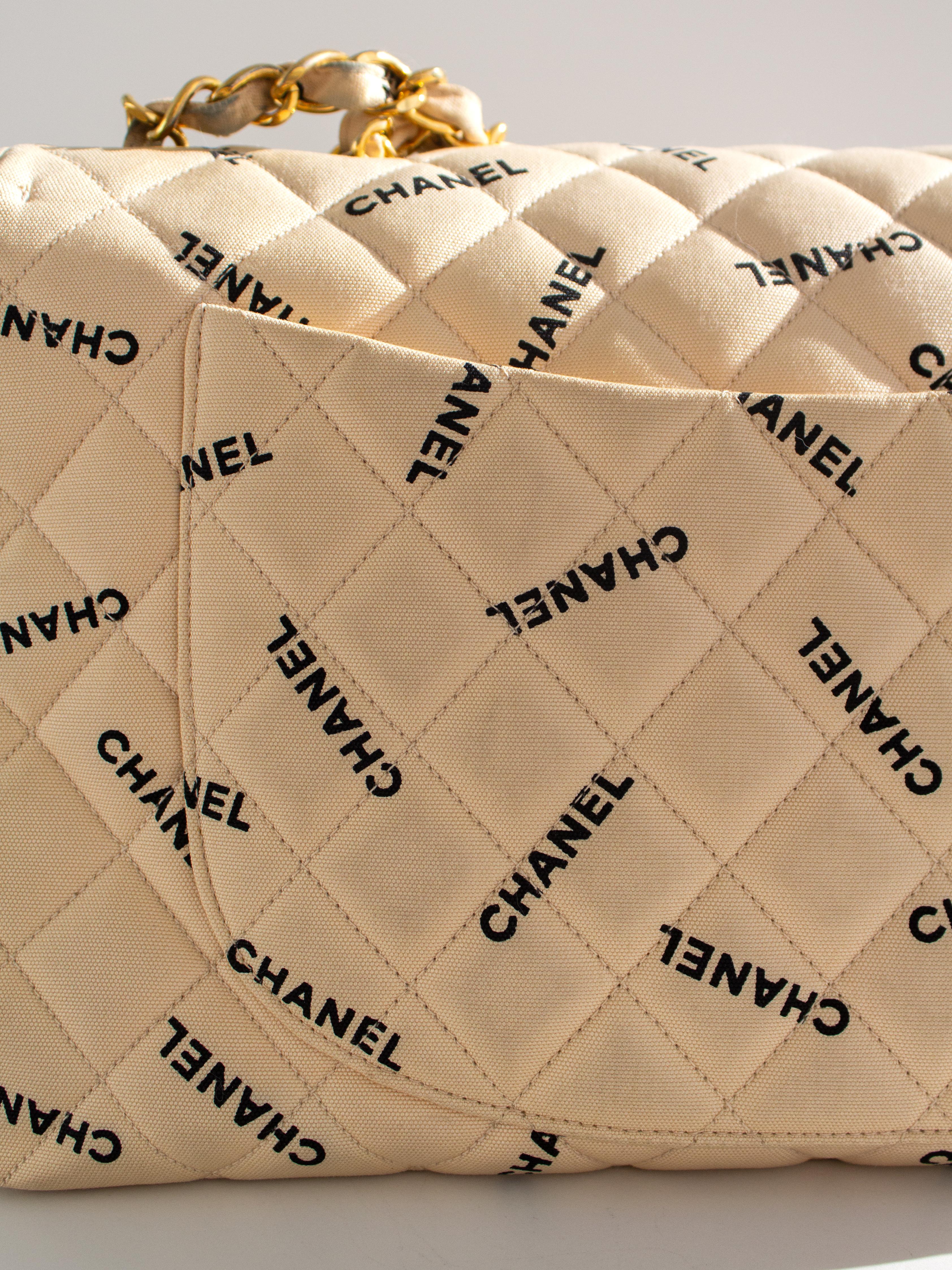 Chanel Vintage 90s Jumbo XL Canvas Beige Black Print Logo 24K Gold CC Bag For Sale 6