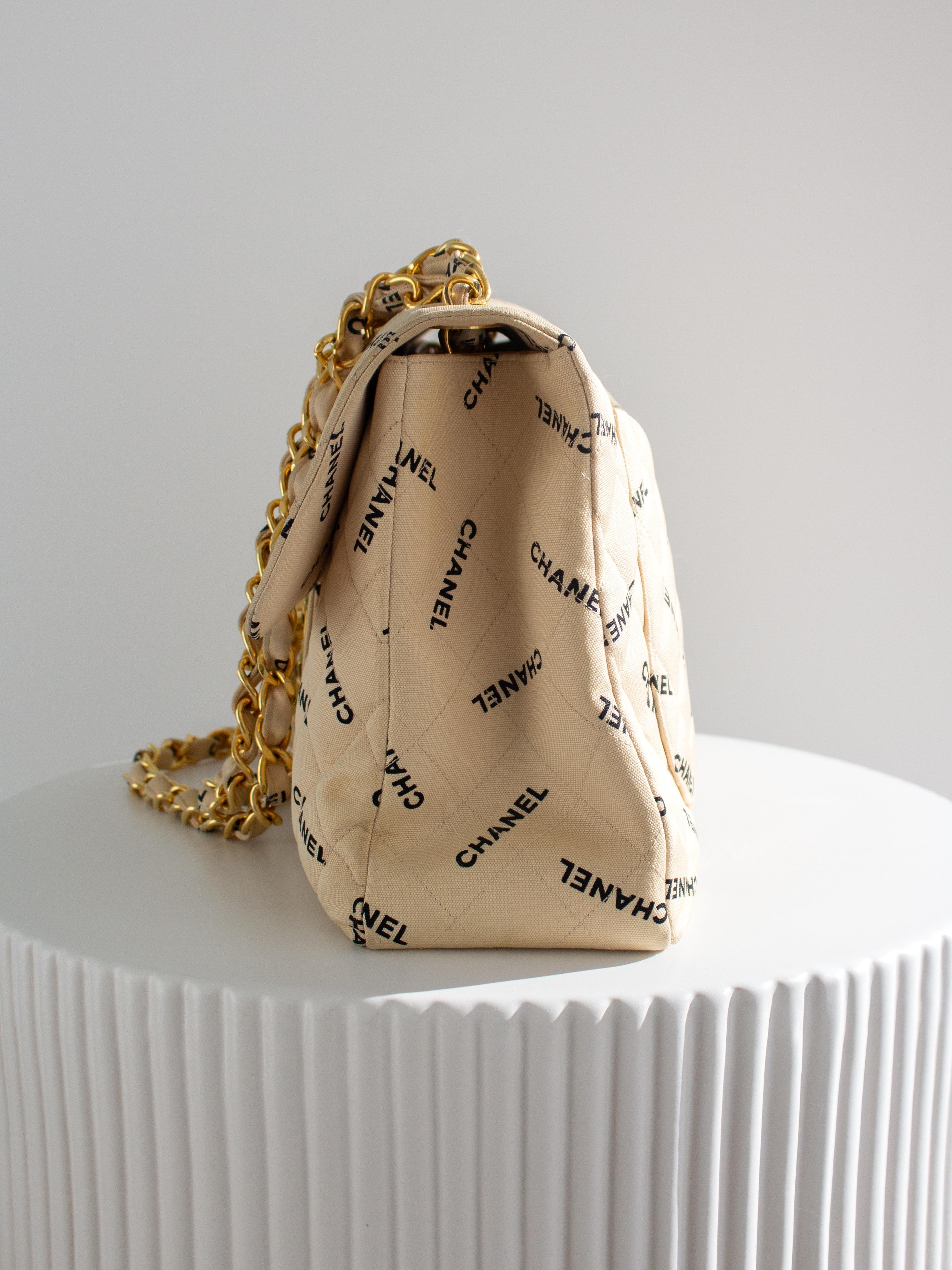 Chanel Vintage 90s Jumbo XL Canvas Beige Black Print Logo 24K Gold CC Bag For Sale 7