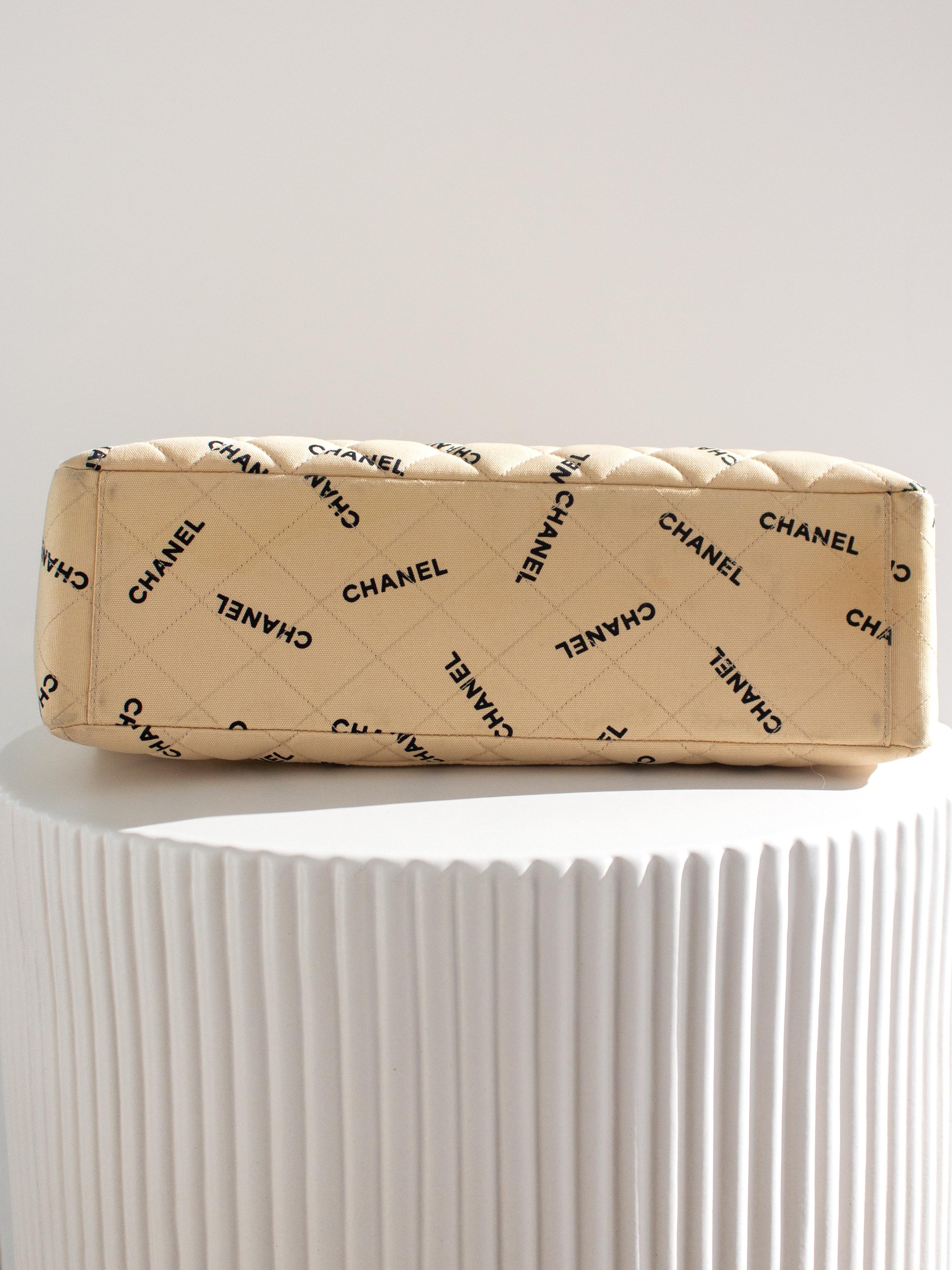 Chanel Vintage 90s Jumbo XL Canvas Beige Black Print Logo 24K Gold CC Bag For Sale 9