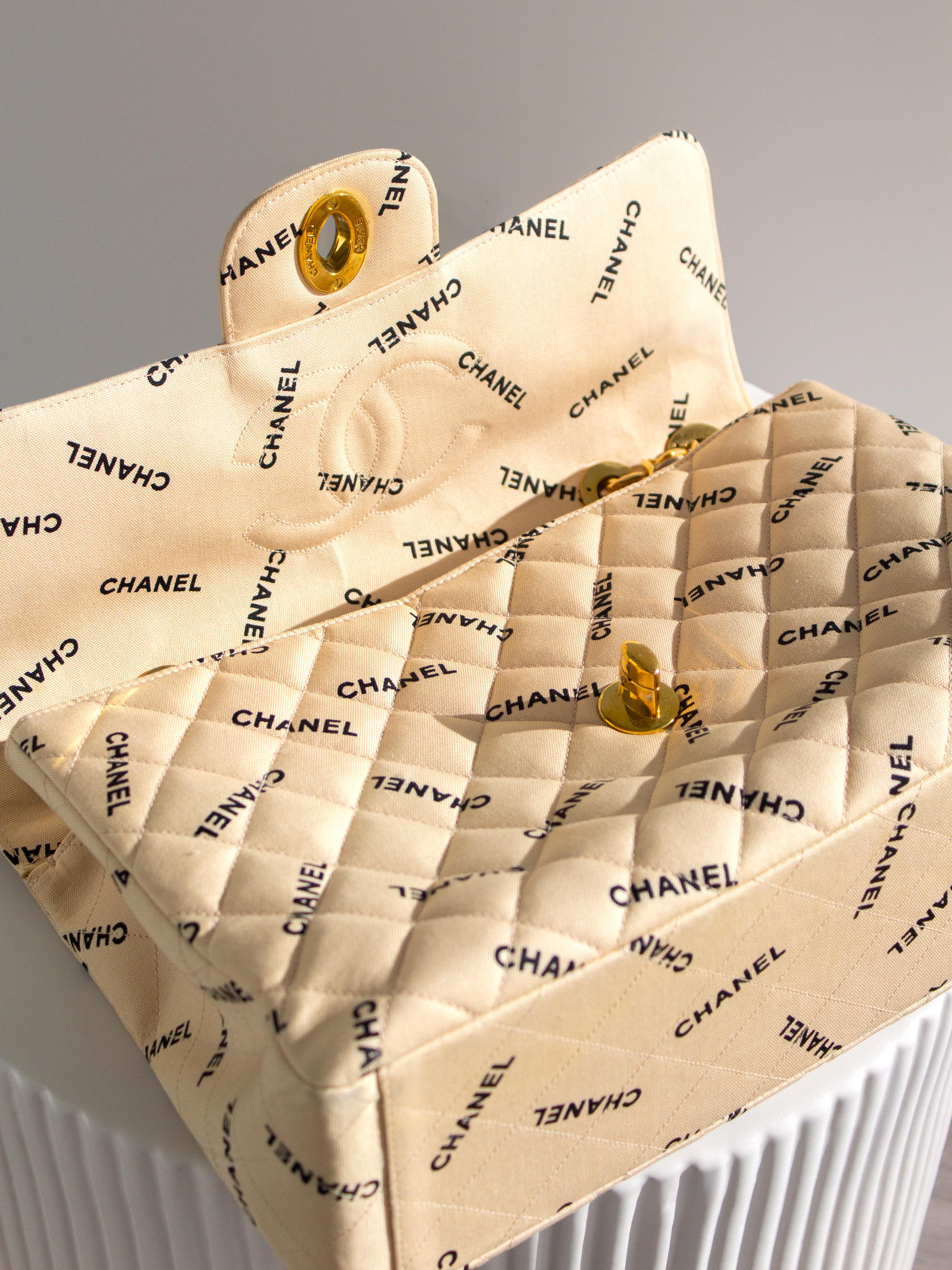 Chanel Vintage 90s Jumbo XL Canvas Beige Black Print Logo 24K Gold CC Bag For Sale 11