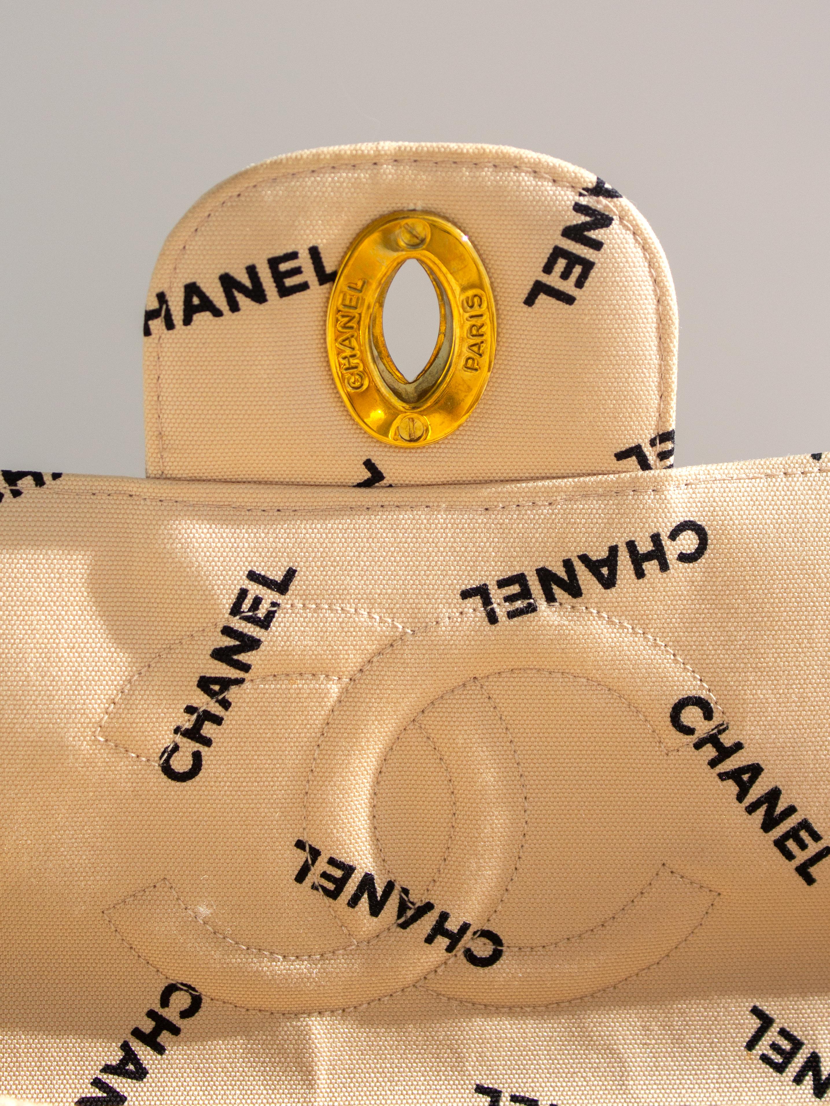 Chanel Vintage 90s Jumbo XL Canvas Beige Black Print Logo 24K Gold CC Bag For Sale 12