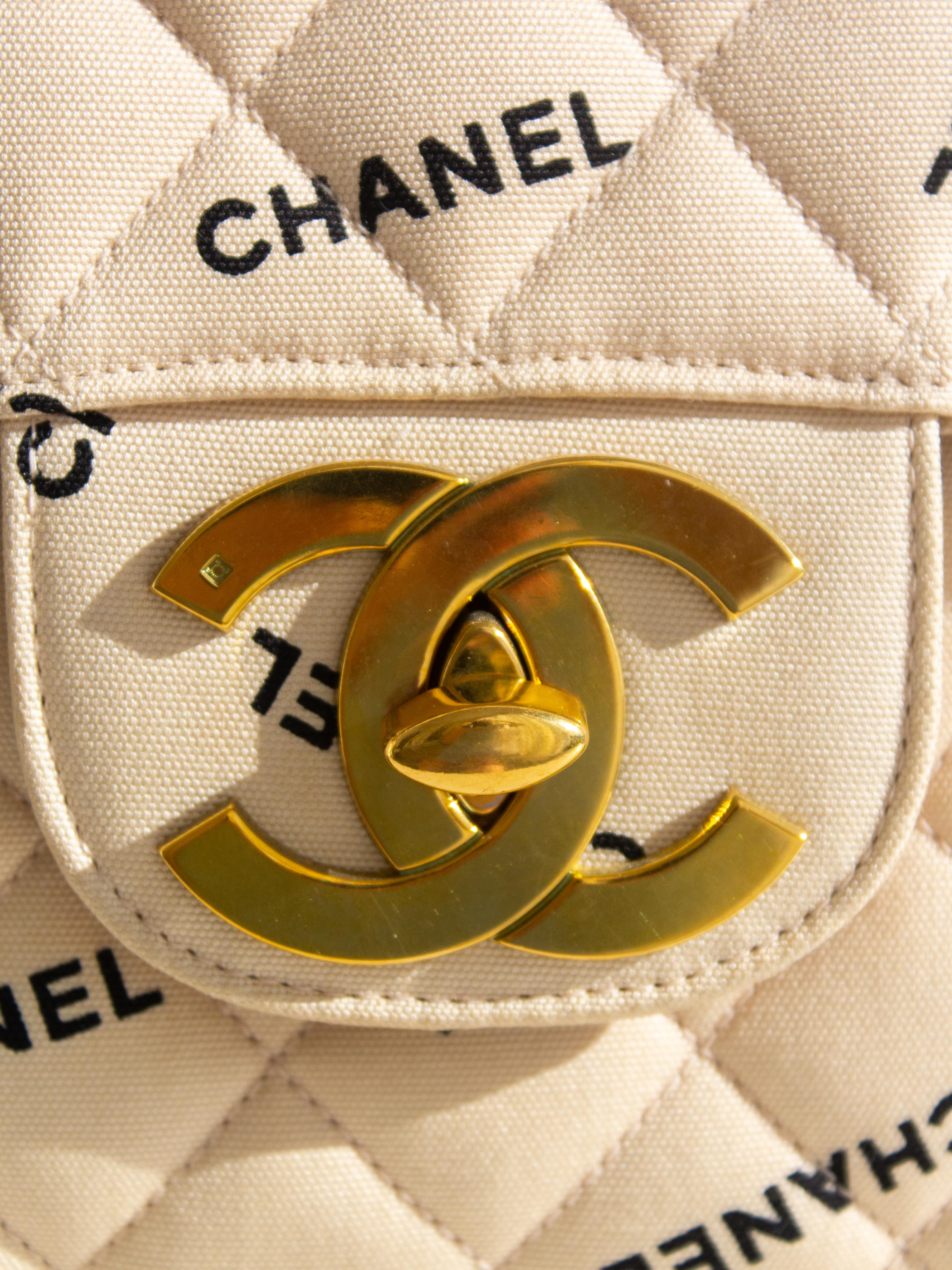 Women's Chanel Vintage 90s Jumbo XL Canvas Beige Black Print Logo 24K Gold CC Bag For Sale