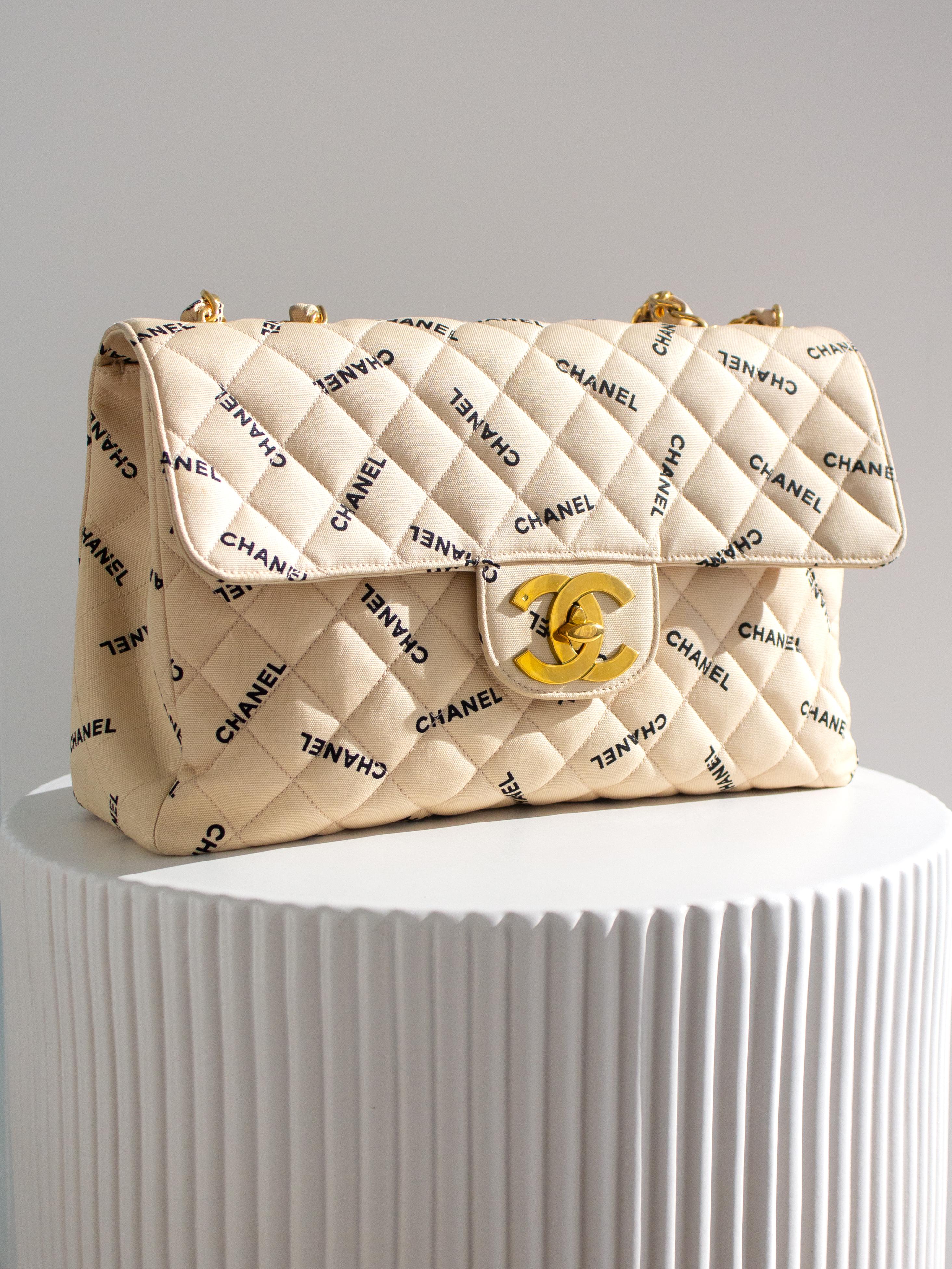 Chanel Vintage 90s Jumbo XL Canvas Beige Black Print Logo 24K Gold CC Bag For Sale 1