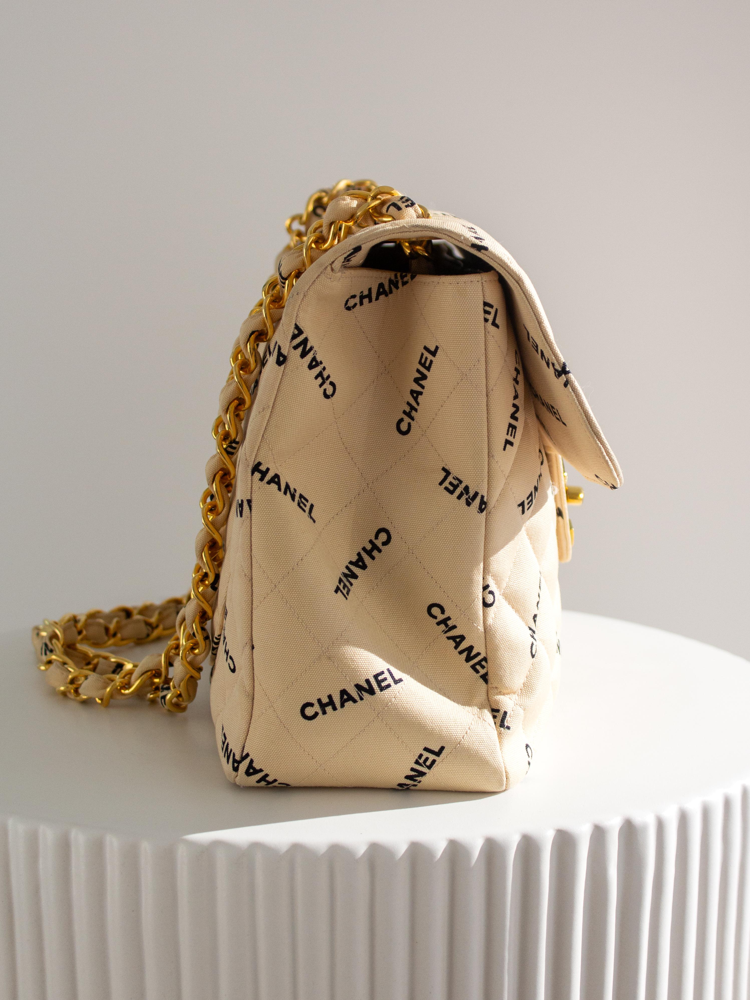 Chanel Vintage 90s Jumbo XL Canvas Beige Black Print Logo 24K Gold CC Bag For Sale 3