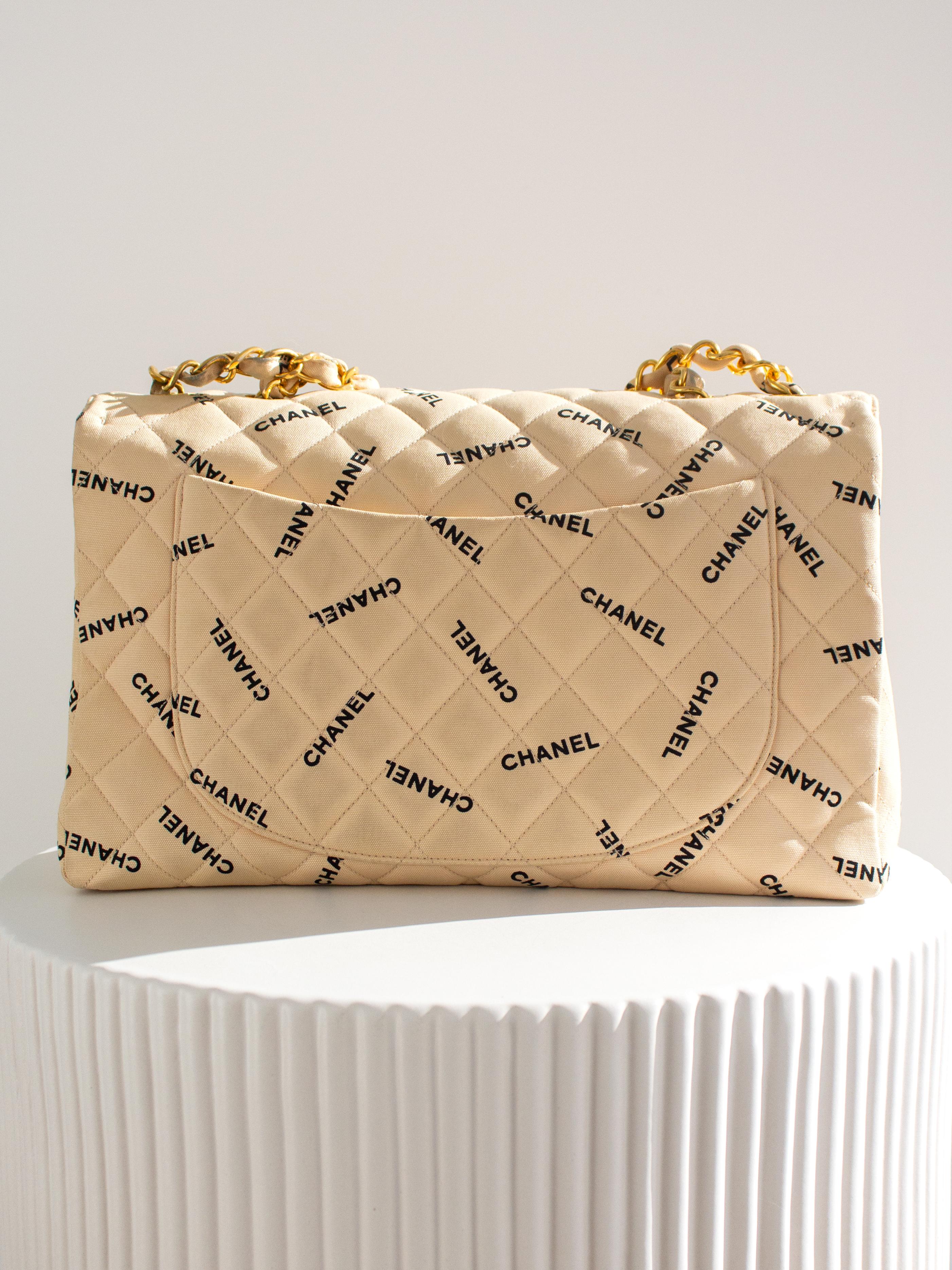 Chanel Vintage 90s Jumbo XL Canvas Beige Black Print Logo 24K Gold CC Bag For Sale 4