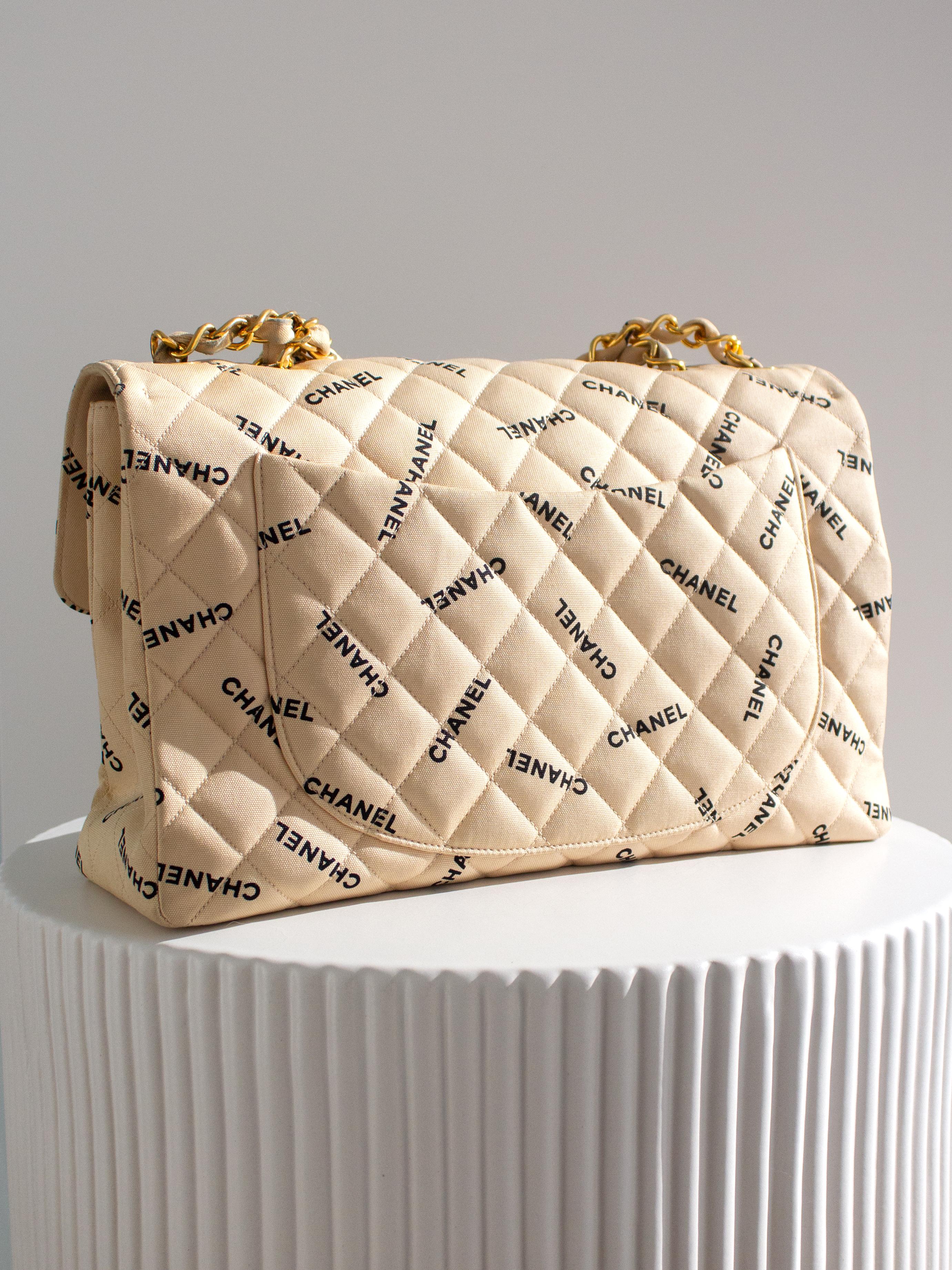 Chanel Vintage 90s Jumbo XL Canvas Beige Black Print Logo 24K Gold CC Bag For Sale 5
