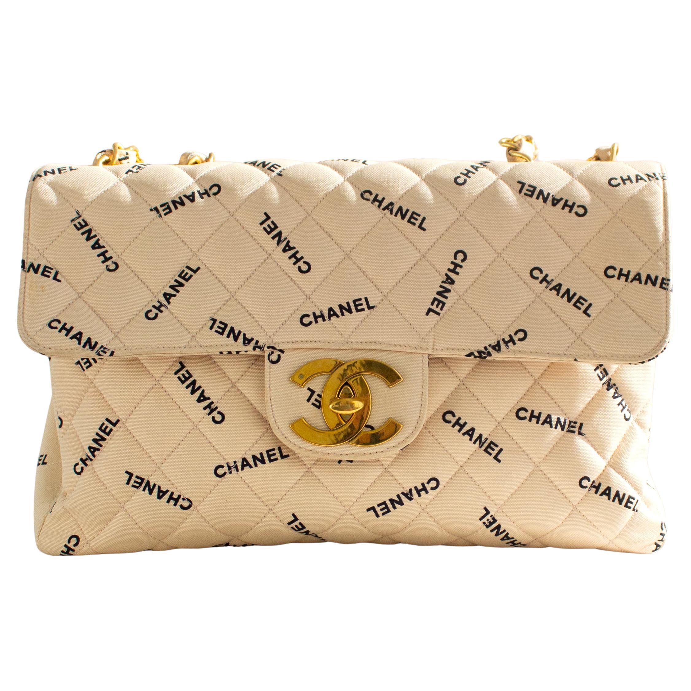Chanel Vintage 90s Jumbo XL Canvas Beige Black Print Logo 24K Gold CC Bag For Sale