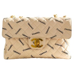 Chanel Vintage 90s Jumbo XL Canvas Beige Black Print Logo 24K Gold CC Bag