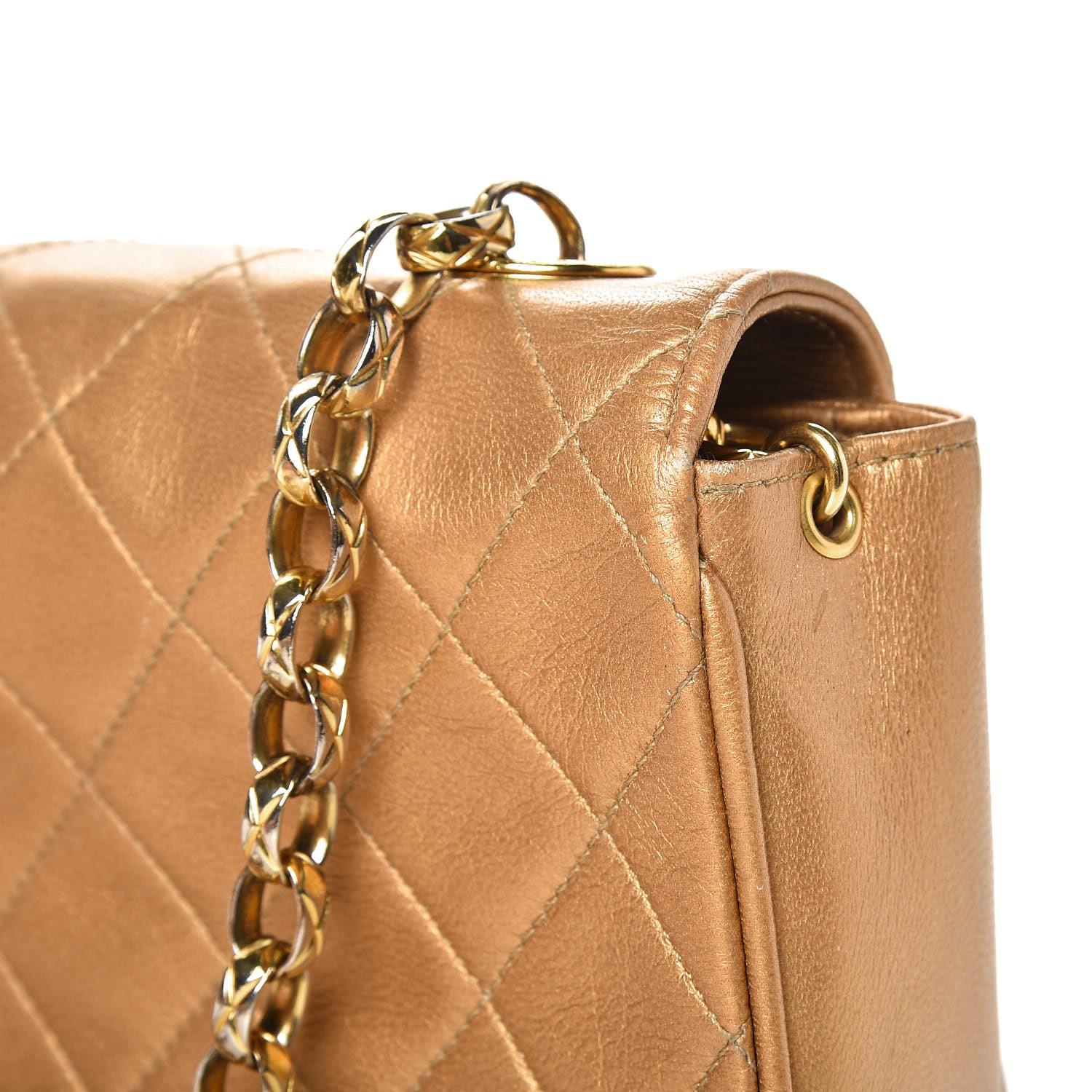 Brown Chanel 1994 Vintage Gold Bronze Metallic Lambskin Mini Quilted Classic Flap Bag For Sale