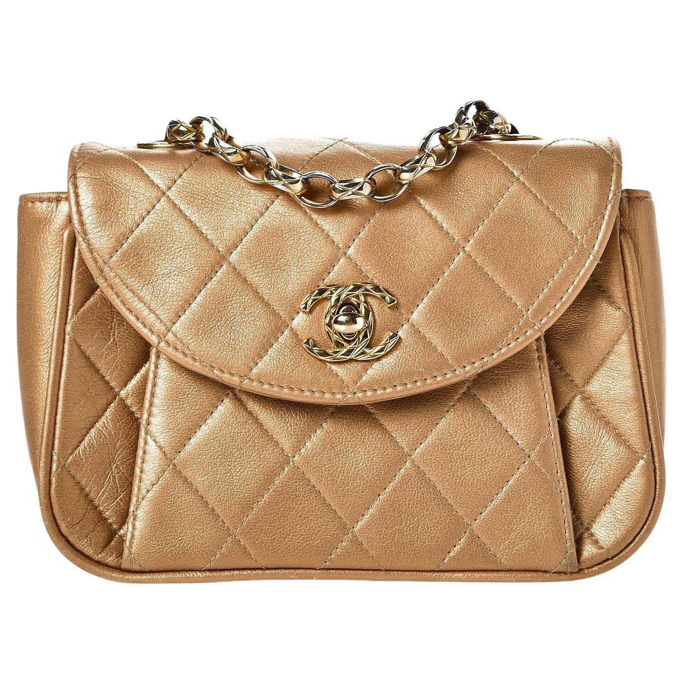 Chanel 1994 Vintage Gold Bronze Metallic Lambskin Mini Quilted Classic Flap Bag