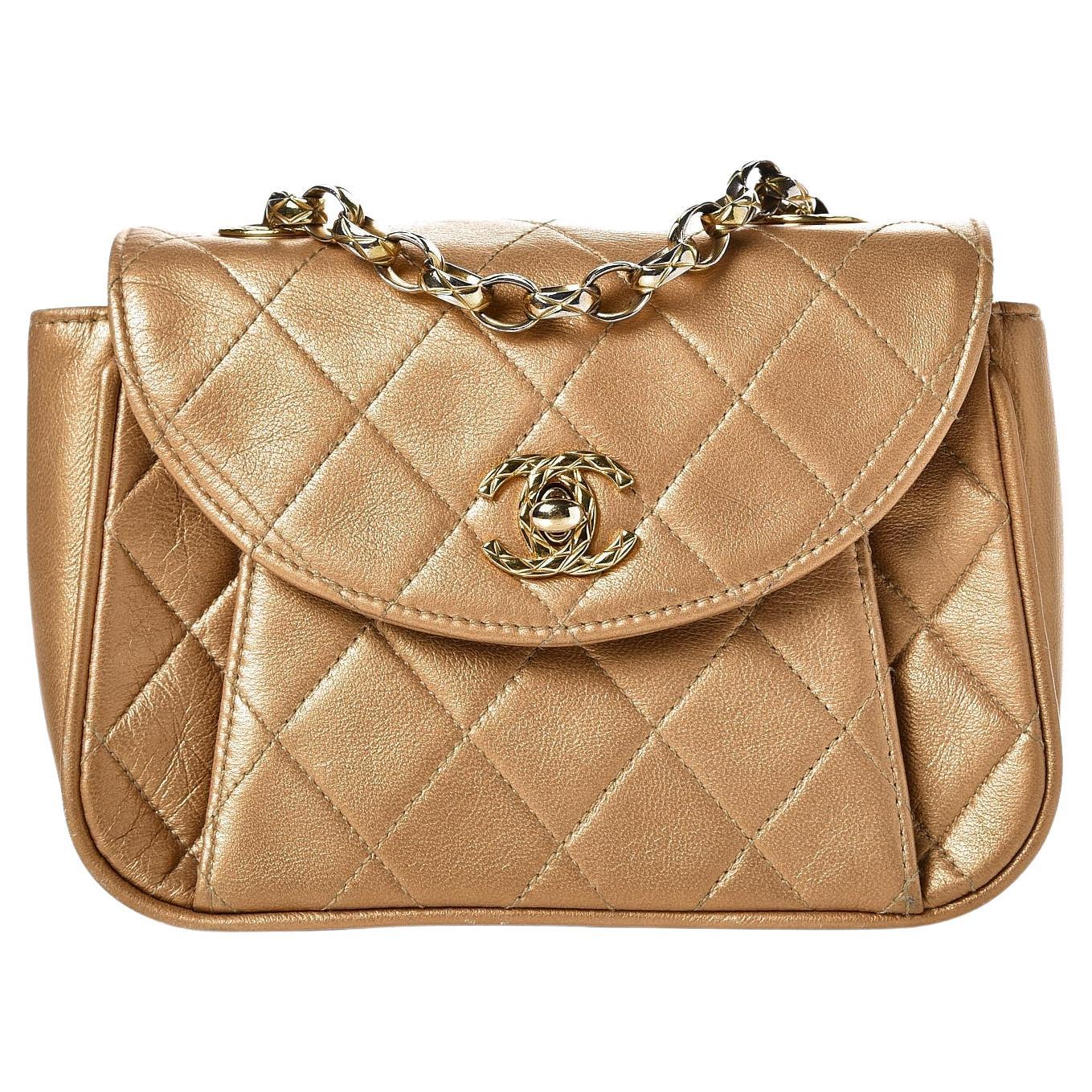 Chanel 1994 Vintage Gold Bronze Metallic Lambskin Mini Quilted Classic Flap Bag en vente