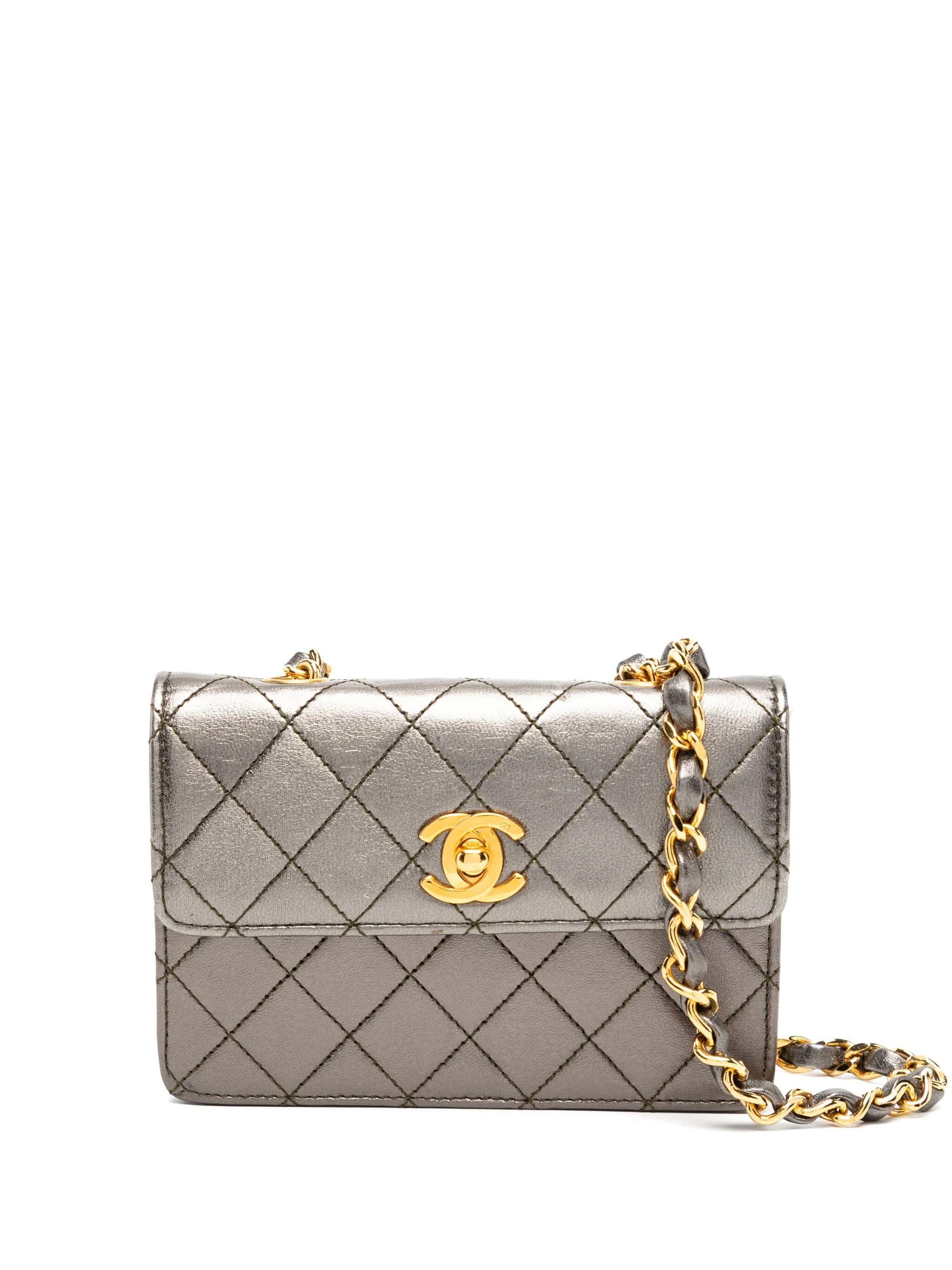 Gray Chanel Vintage 90's Micro Mini Metallic Charcoal Grey Quilted Lambskin Flap For Sale